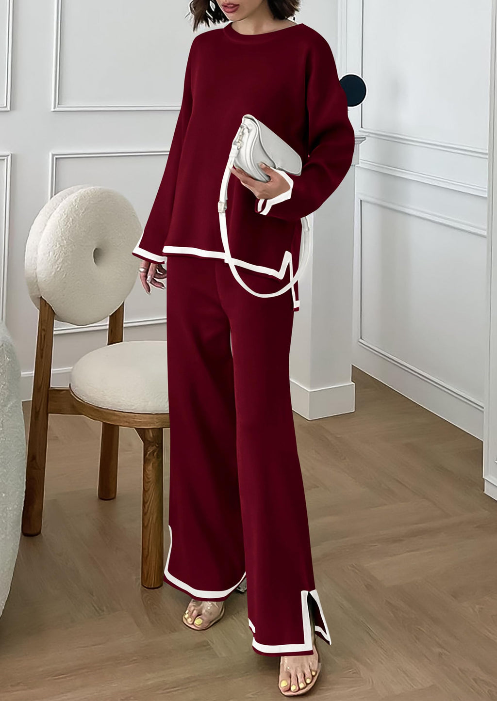 PRETTYGARDEN Women's 2 Piece Knit Sweater Set Travel Outfits | Long Sleeve Tops, Wide Leg Pants, Soft Matching Sweat Track Suits, Casual Fall Winter Clothes for Brunch, Going Out & Cruise