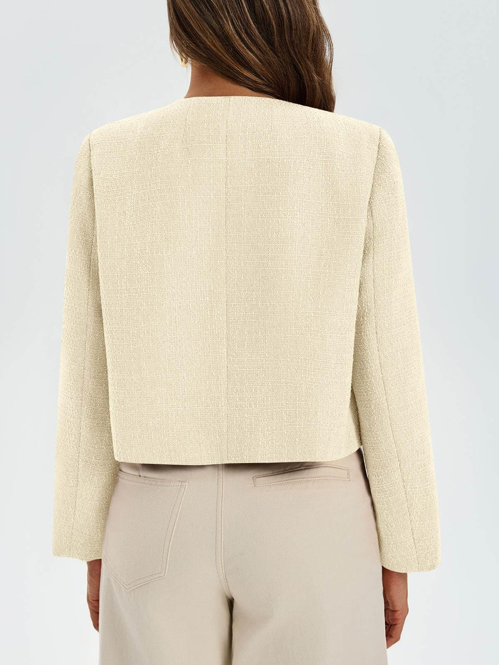 Cicy Bell Womens Cropped Tweed Blazer Collarless Button Down Bomber Jacket Business Casual Fall Outfits