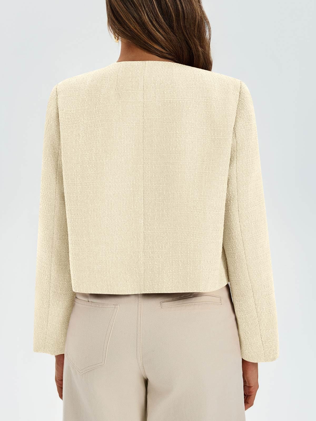 Cicy Bell Womens Cropped Tweed Blazer Collarless Button Down Bomber Jacket Business Casual Fall Outfits