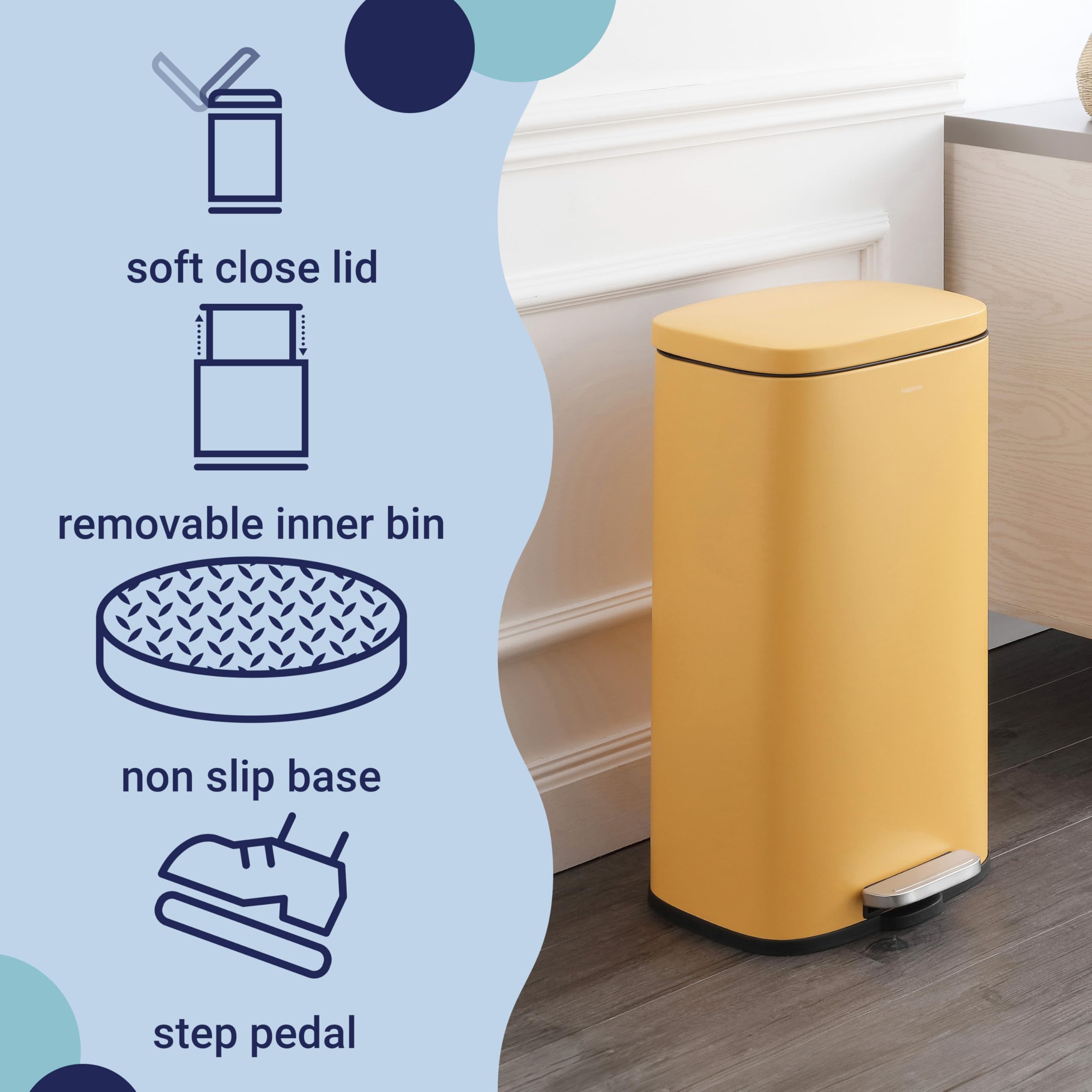 happimess HPM1011B Curtis 8-Gallon Step-Open Trash Can with Soft-Close Lid, Modern, Minimalistic, Fingerprint Proof for Home, Kitchen, Laundry Room, Office, Bedroom, Bathroom, Black