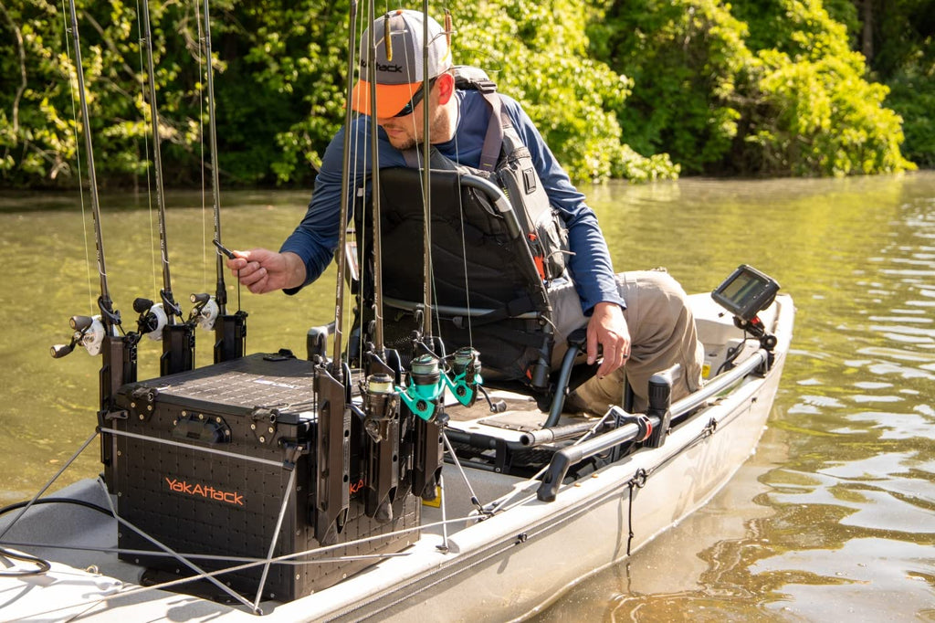 YakAttack BlackPak Pro 13" x 13" Fishing Crate with 3 Rod Holders - Battleship Grey | Compact Tackle Storage Box & Gear Organizer for Kayaks | Lightweight, Durable & Customizable Marine Accessory