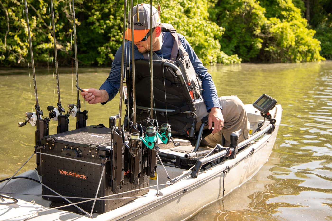 YakAttack BlackPak Pro 13" x 13" Fishing Crate with 3 Rod Holders - Battleship Grey | Compact Tackle Storage Box & Gear Organizer for Kayaks | Lightweight, Durable & Customizable Marine Accessory