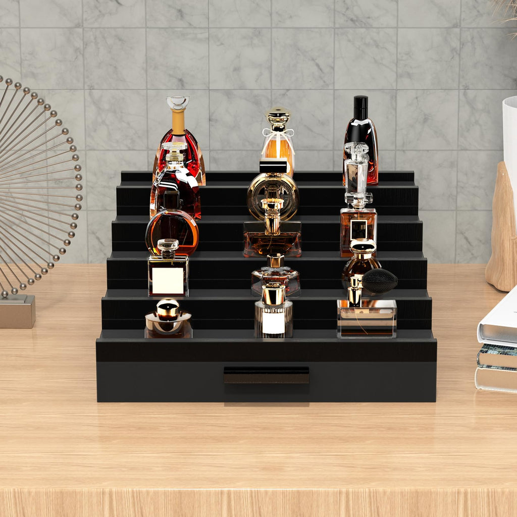 Wooden Cologne Organizer for Men 4 Tier of Perfume Display Holder of Drawer & 2 Hidden Compartments Larger Storage Space Mens Perfume Organizer Shelf Stand,Gift for Man (4T-Black Walnut)