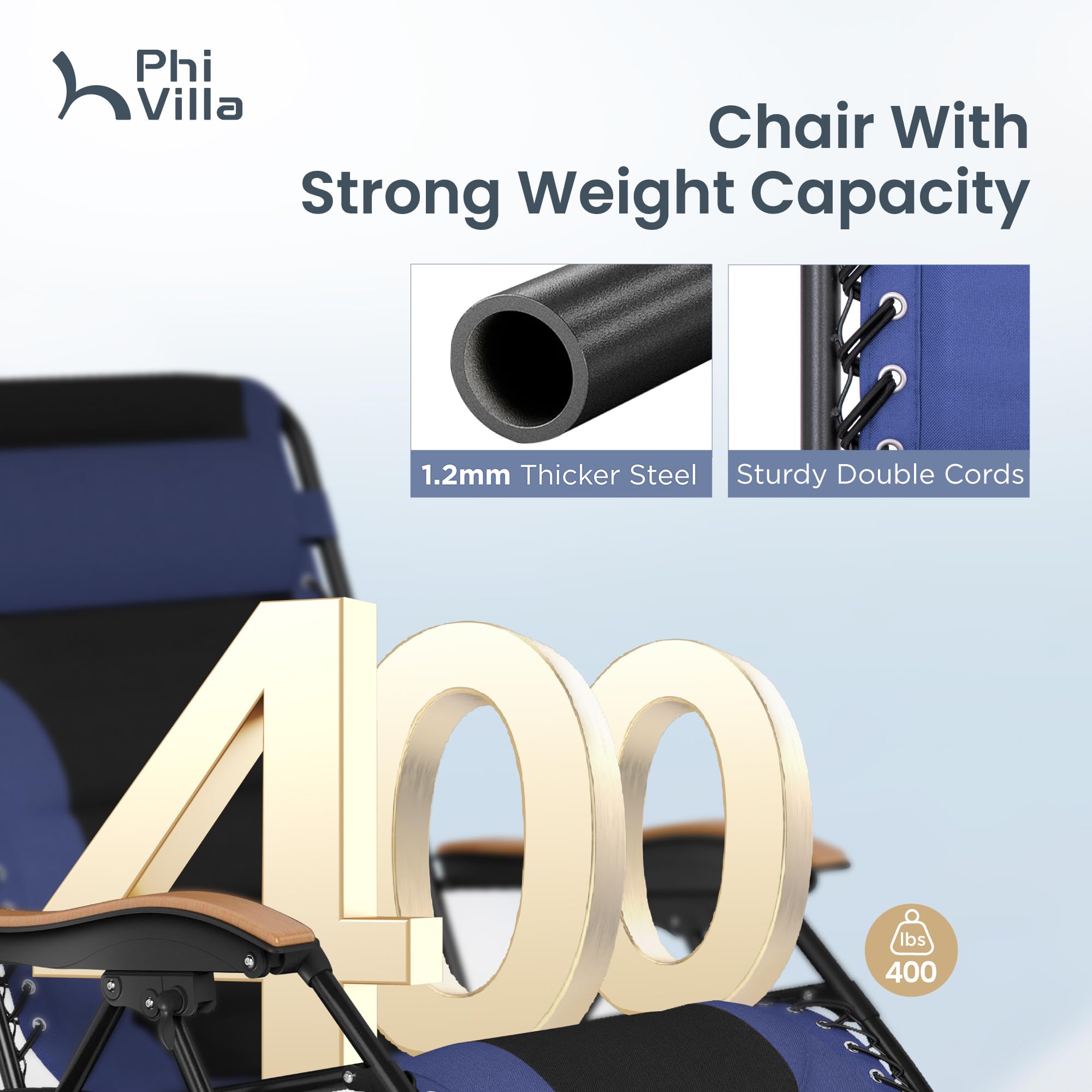 PHI VILLA XXL Oversized Padded Zero Gravity Chair Set of 2, Foldable Patio Recliner, 30" Wide Seat Anti Gravity Lounger with Armrest and Cup Holder, Support 400 LBS (Aqua Blue)