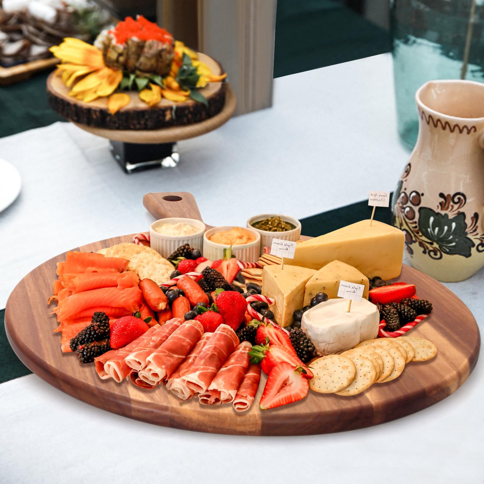 Acacia Wood Cutting Board with Handle Wooden Chopping Board Round Cutting Boards for Kitchen Decor Large Charcuterie Board Tray Teak Meat Cheese Board Bread Serving Platter Butcher Block Pizza Board