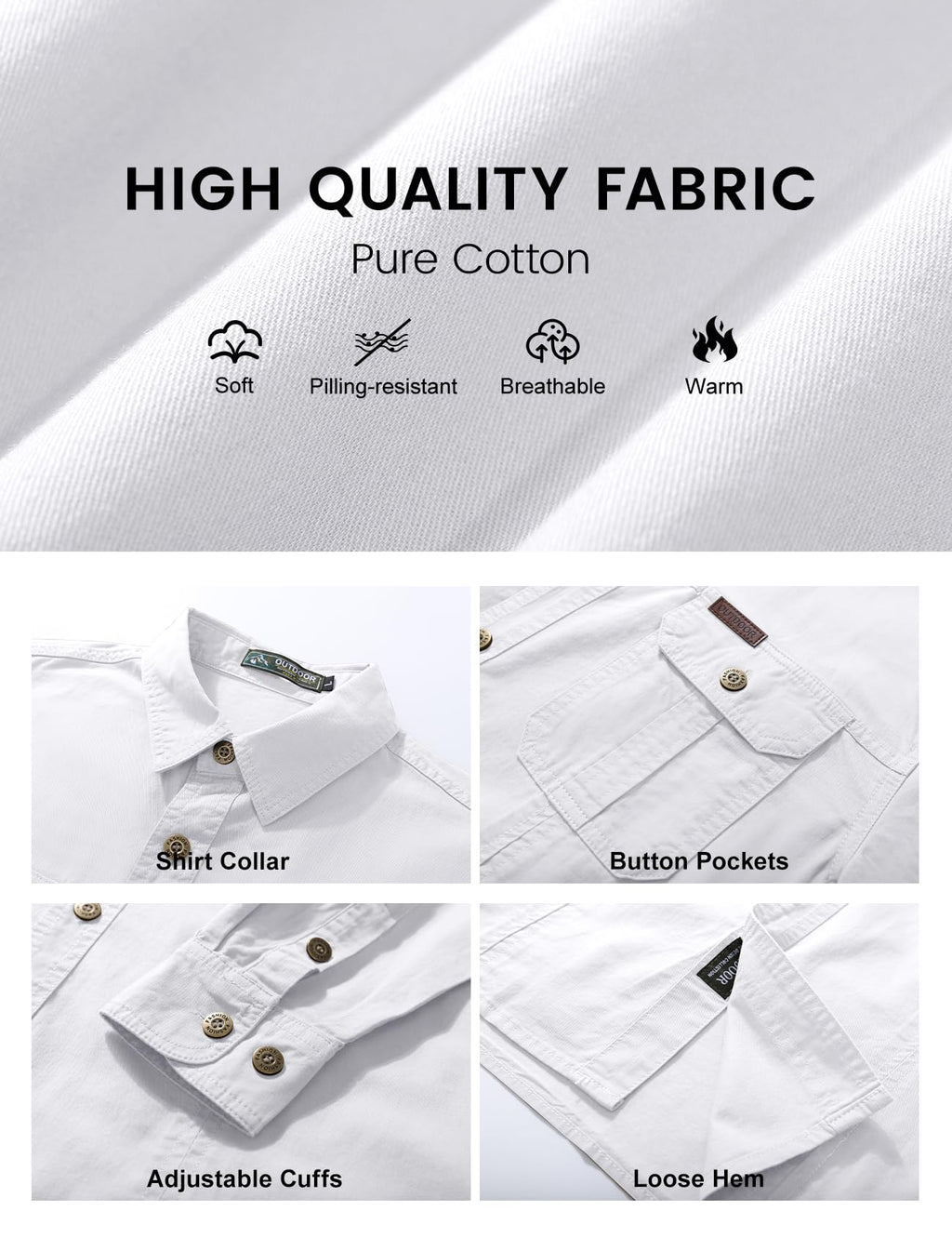 Eisctnd Men's Long Sleeve Cotton Work Shirt Casual Loose Fit Button Down Shirts with 2-Pocket for Outdoor Safari