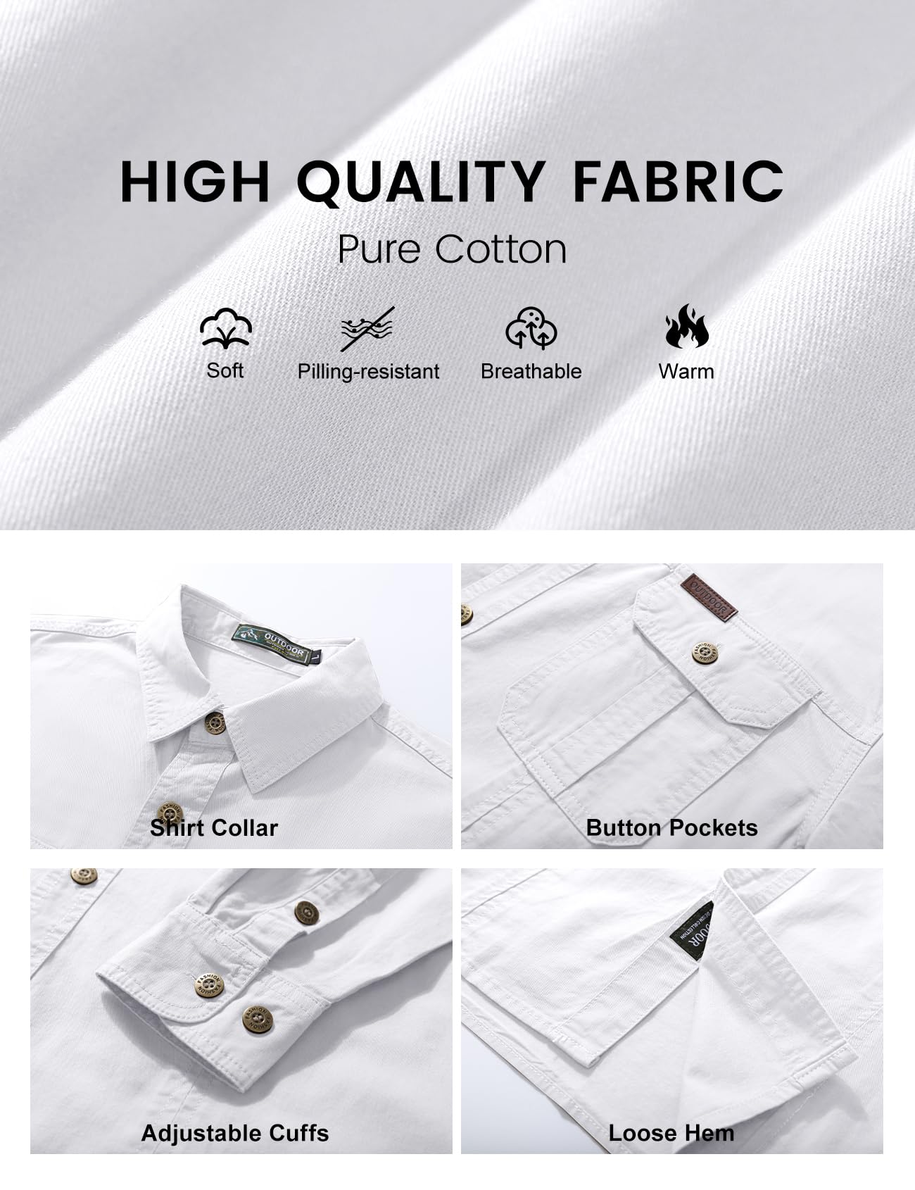 Eisctnd Men's Long Sleeve Cotton Work Shirt Casual Loose Fit Button Down Shirts with 2-Pocket for Outdoor Safari