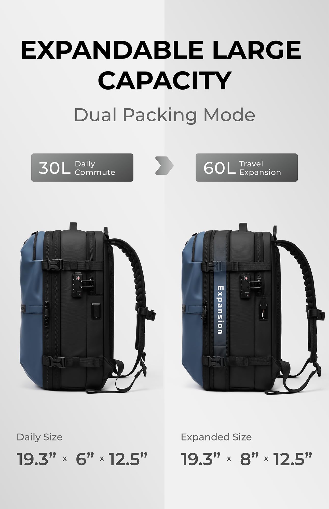 AirVault Vacuum Seal Travel Backpack 60L with Expandable HyperSeal Air Compression Vacuum System Water Resistant TSA Lock (Vacuum Pump Included, Black, 60L)