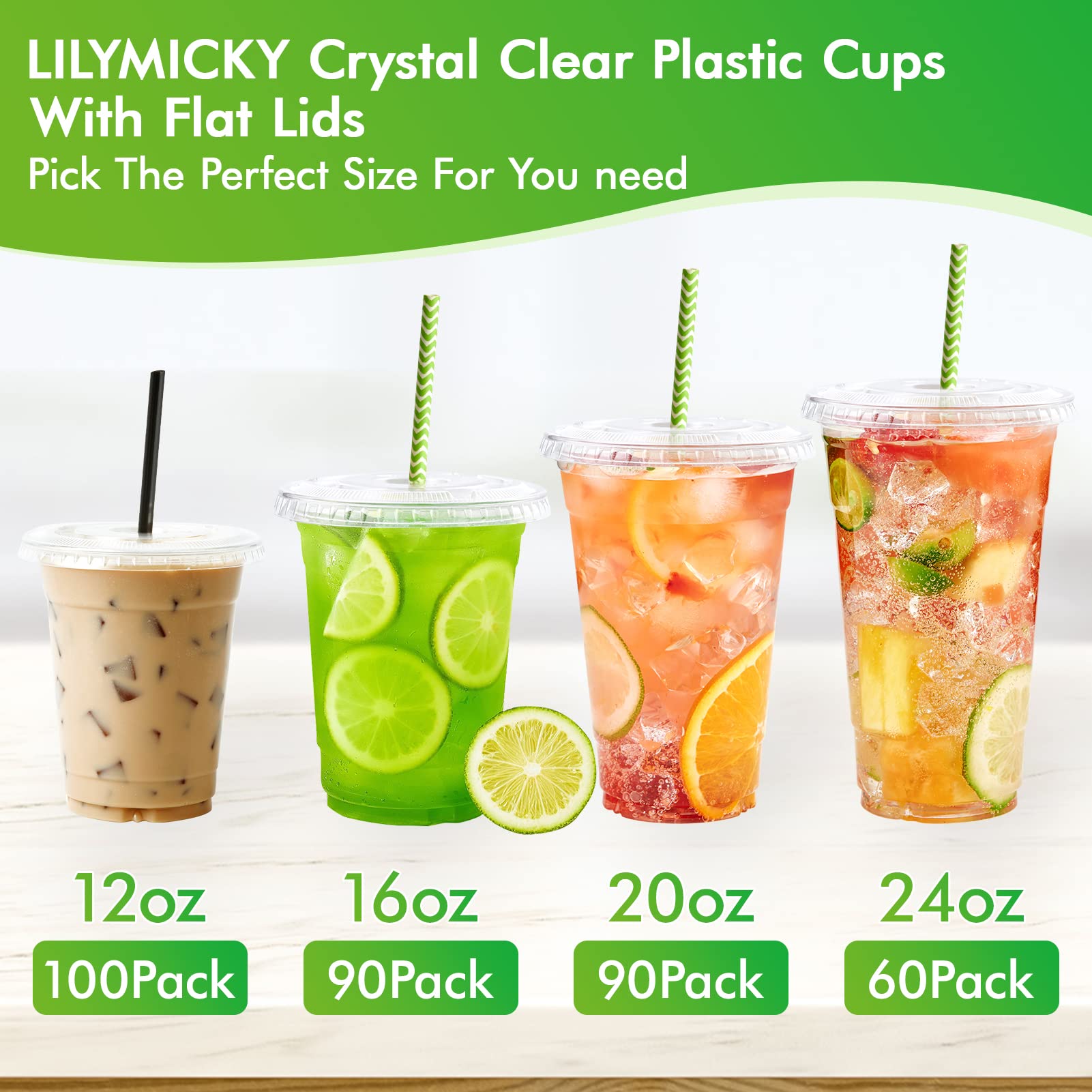 Lilymicky 200 Sets 10 oz Clear Plastic Cups With Flat Lids, 10 Ounce Disposable Drinking Cups for Smoothie, Slurpee, or Any Cold Drinks