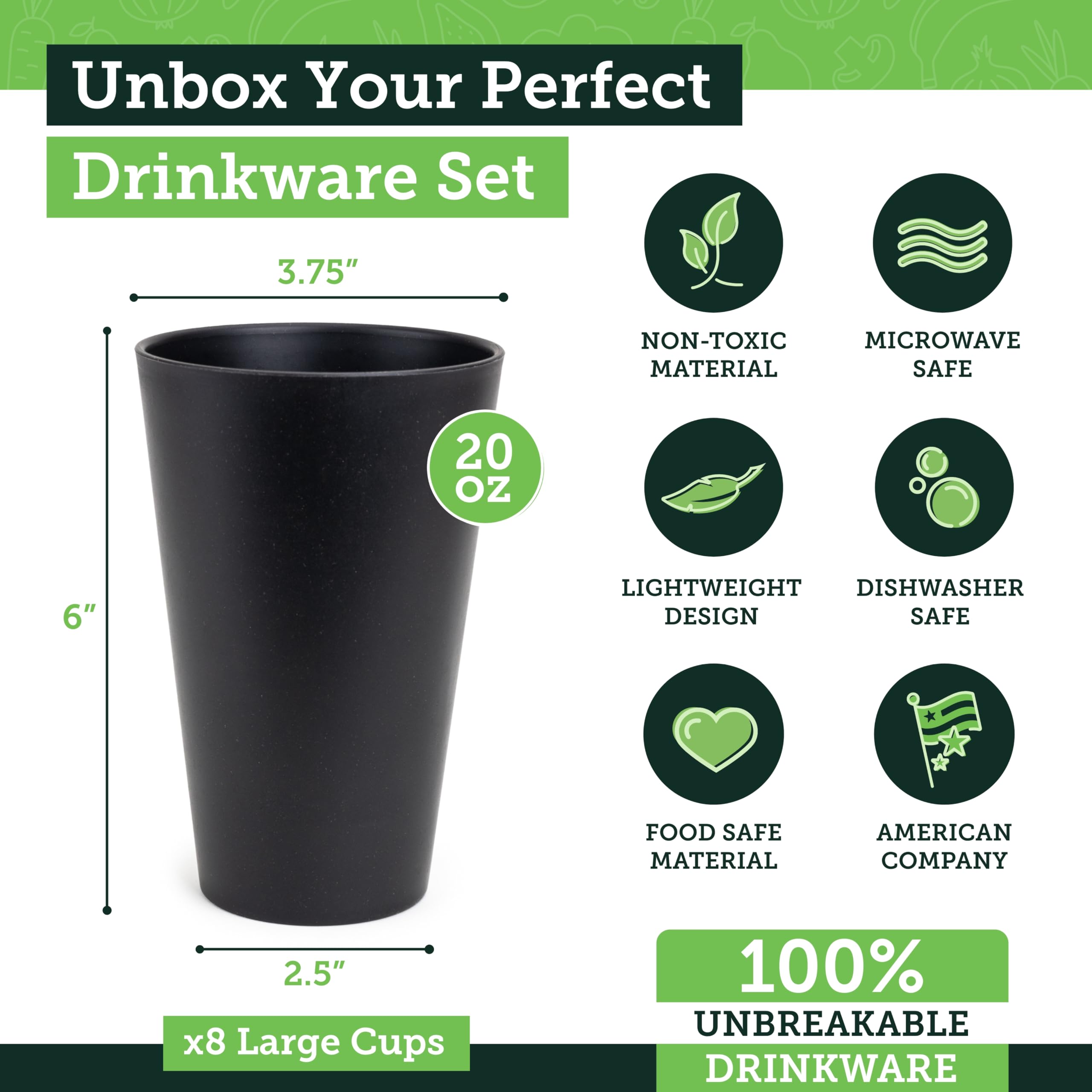 Grow Forward Premium Wheat Straw Cups - 13 & 20 oz Unbreakable BPA Free Hard Plastic Cups - Reusable Lightweight Plastic Drinking Glasses for Kitchen, Outdoor, Water, Camping, RV - Midnight