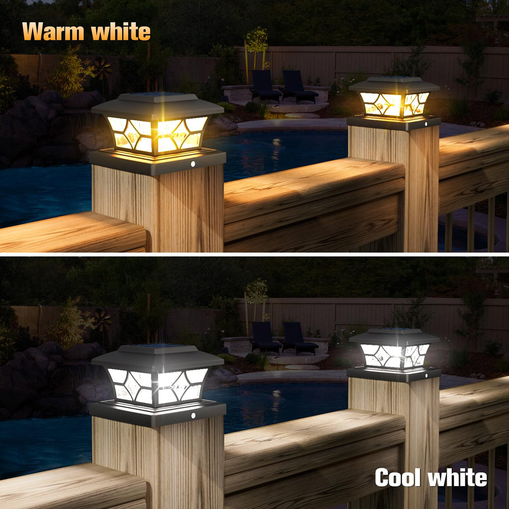VOLISUN Solar Post Cap Lights Outdoor, Solar Powered Fence Cap Lights for 4x4 Vinyl/Wood, Black Waterproof Solar Deck Post Light 4Pack Cool/Warm for Garden Patio Porch