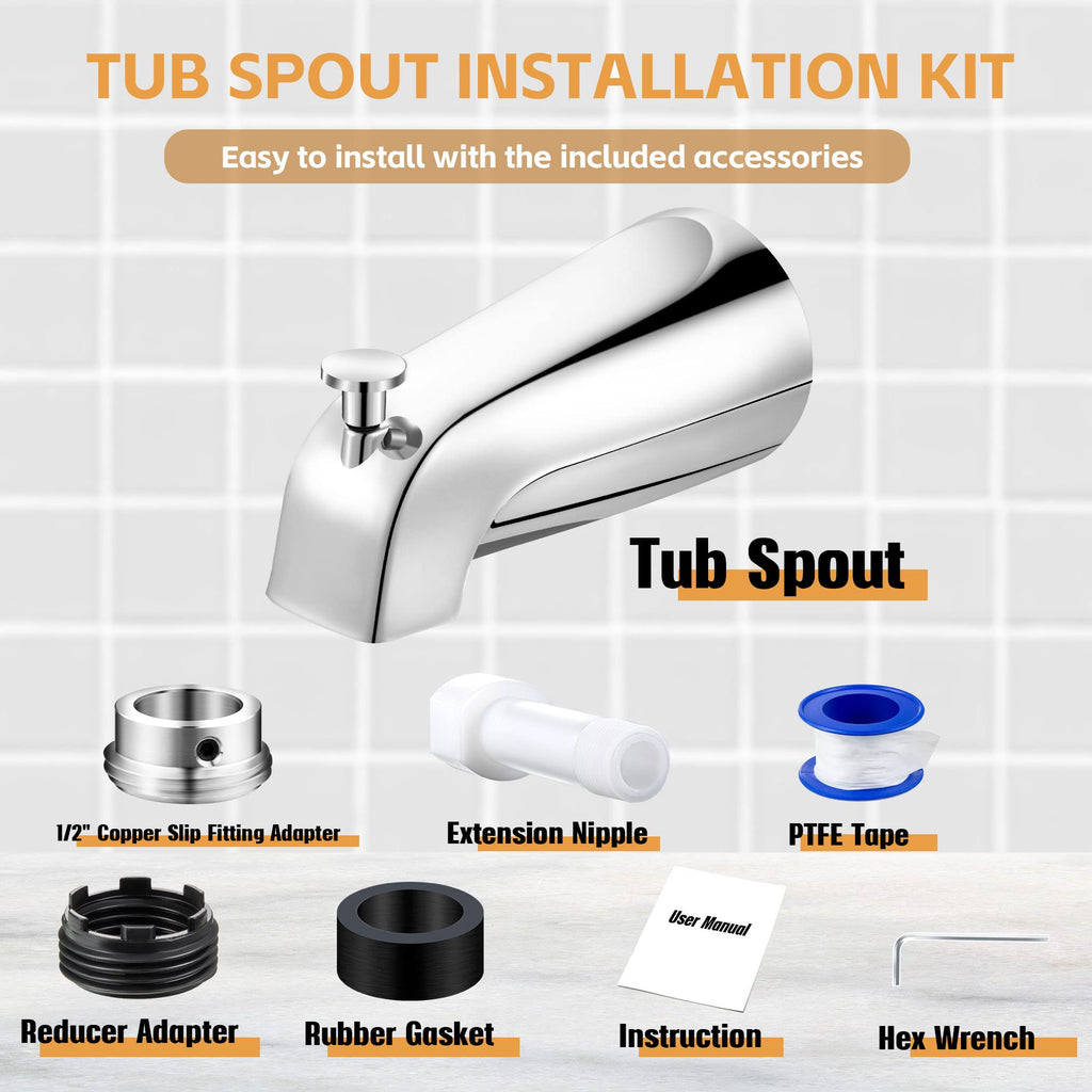 Dreyoo Tub Spout (Universal Fits 1/2" Copper Pipe, 1/2" IPS and 3/4" IPS), Bathroom Bathtub Faucet with Adapters and Hex Wrench(Brushed Nickel,Simple)