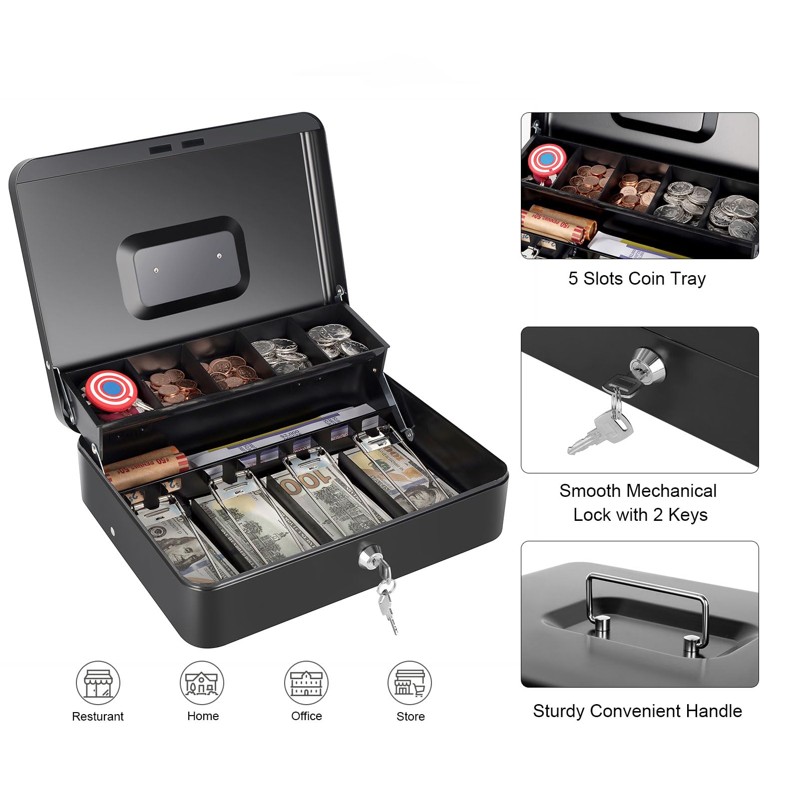Cash Box with Money Tray and Key Lock, Saving Lock Box with Money Tray Storage for Cash Register 11.8"x9.45"x3.54" Black XL Large