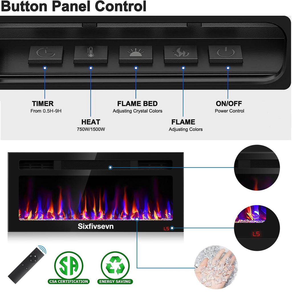 31 Inch Electric Fireplace Recessed and Wall Mounted, Fireplace Heater and Linear Fireplace, Ultra-Thin Electric Fireplace, Low Noise, with Timer, Remote Control, Adjustable 12 Flame Color, 750/1500W