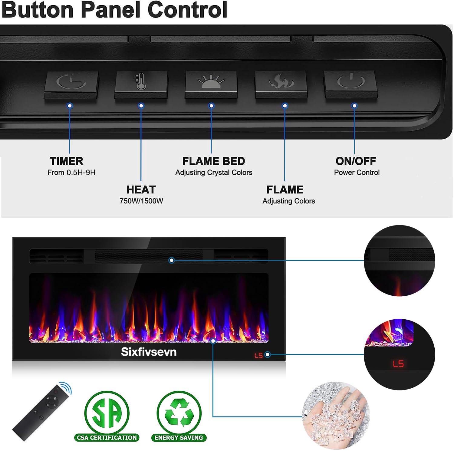 31 Inch Electric Fireplace Recessed and Wall Mounted, Fireplace Heater and Linear Fireplace, Ultra-Thin Electric Fireplace, Low Noise, with Timer, Remote Control, Adjustable 12 Flame Color, 750/1500W