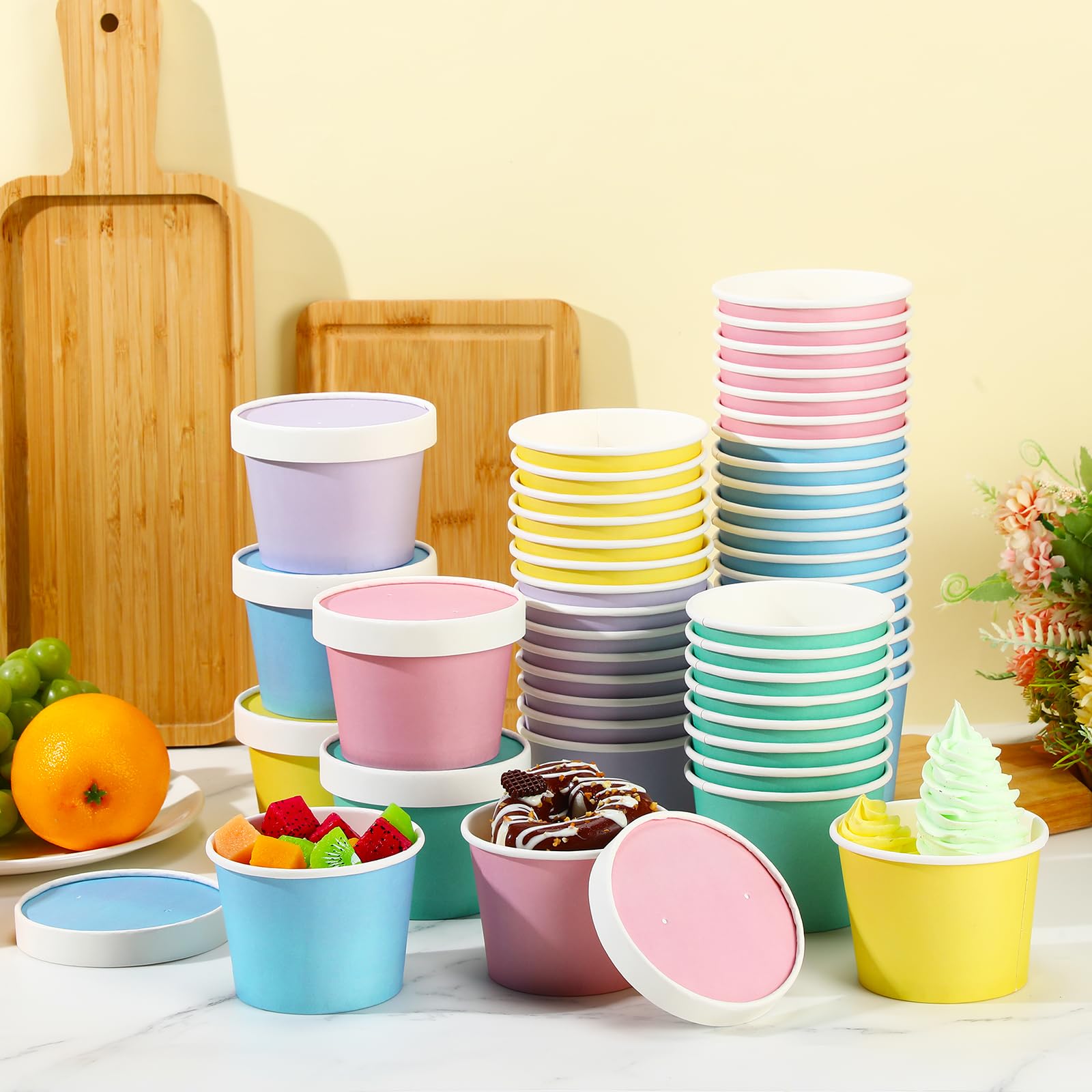 Fulmoon 100 Pack Paper Soup Containers with Lids Disposable Paper Food Containers with Vented Lid Kraft Ice Cream Cake Dessert Cups Soup Bowl for Party Hot Food Fruit Microwave(4 oz,Brown)