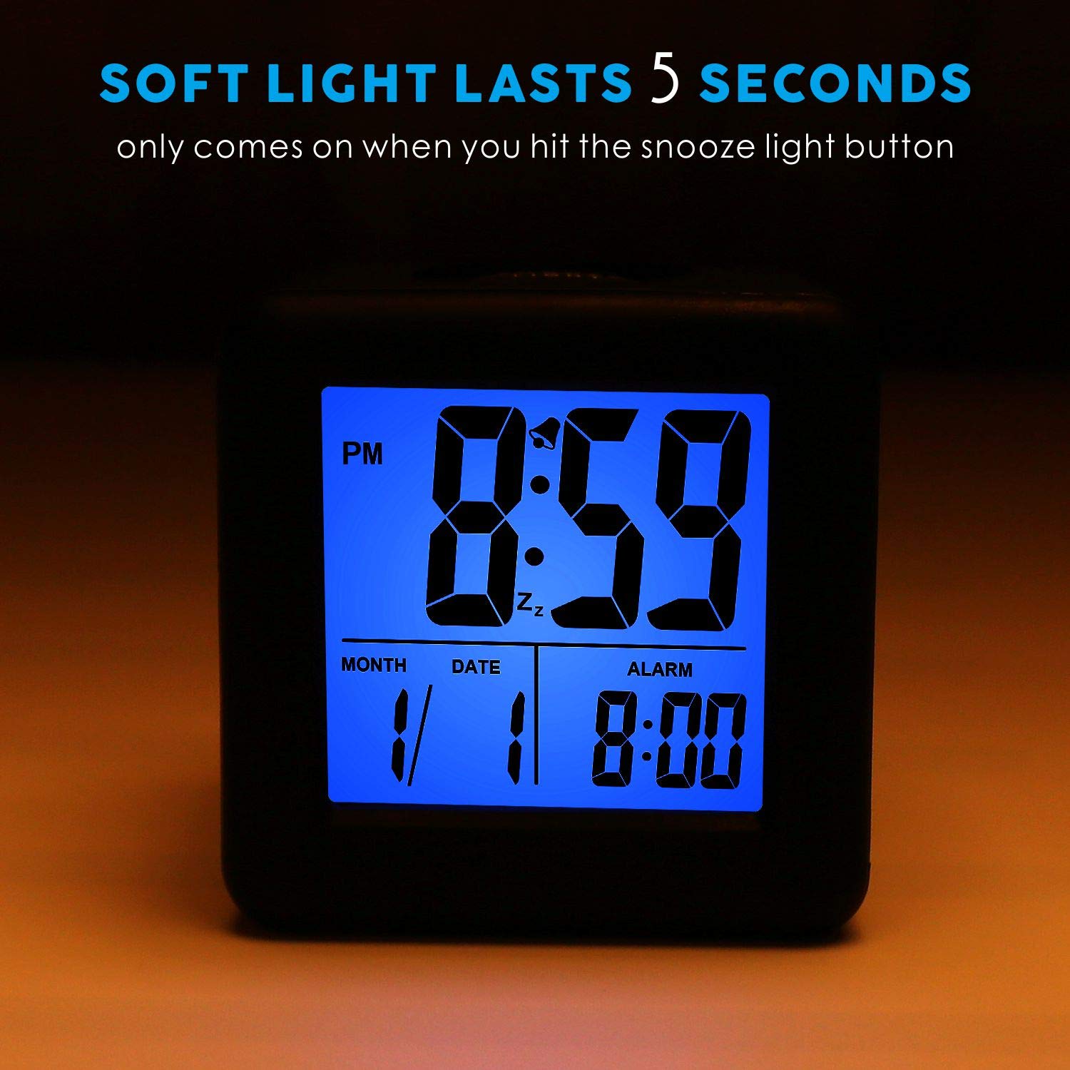Plumeet Digital Alarm Clock Kids Clock with Snooze and White Nightlight - Easy Setting Travel Alarm Clocks Display Time, Date, Alarm - Ascending Sound - Battery Powered (Baby Blue)