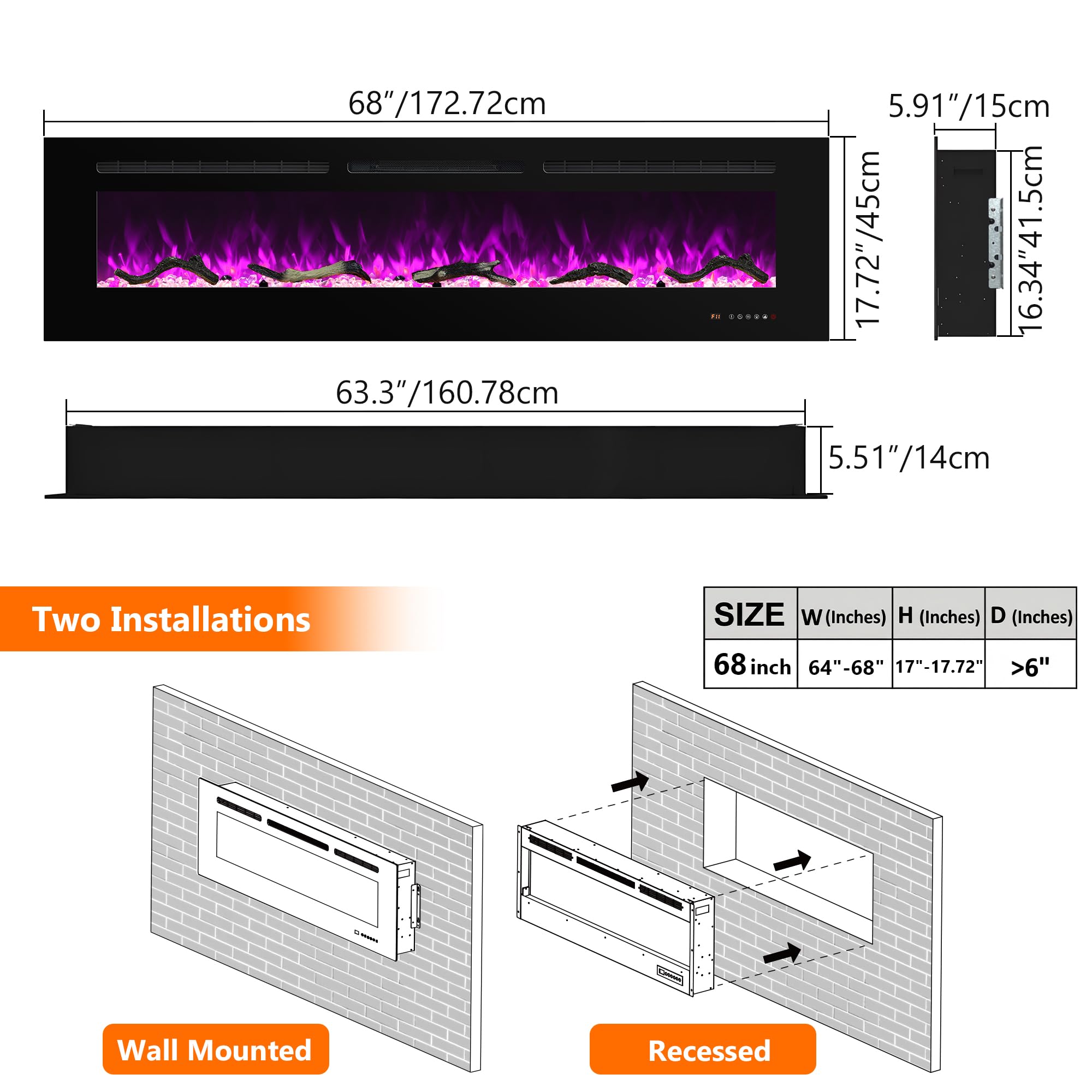 Electric Fireplace 30 inch Wide, Wall Mounted Fireplace Inserts Electric Heater, 13 * 13 Flame Effects Like Real Flame, Low Noise, Timer & Thermostat Setting, 750W/1500W, Black