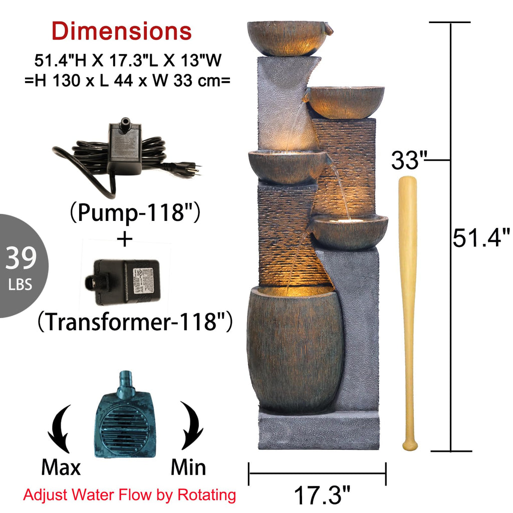 Bumilgar 2-Tier Bowl Water Fountain with LED Lights, 27.95" Tall Freestanding Outdoor & Indoor Garden Waterfall Fountain for Yard, Patio, Backyard, Floor Standing Home Decor