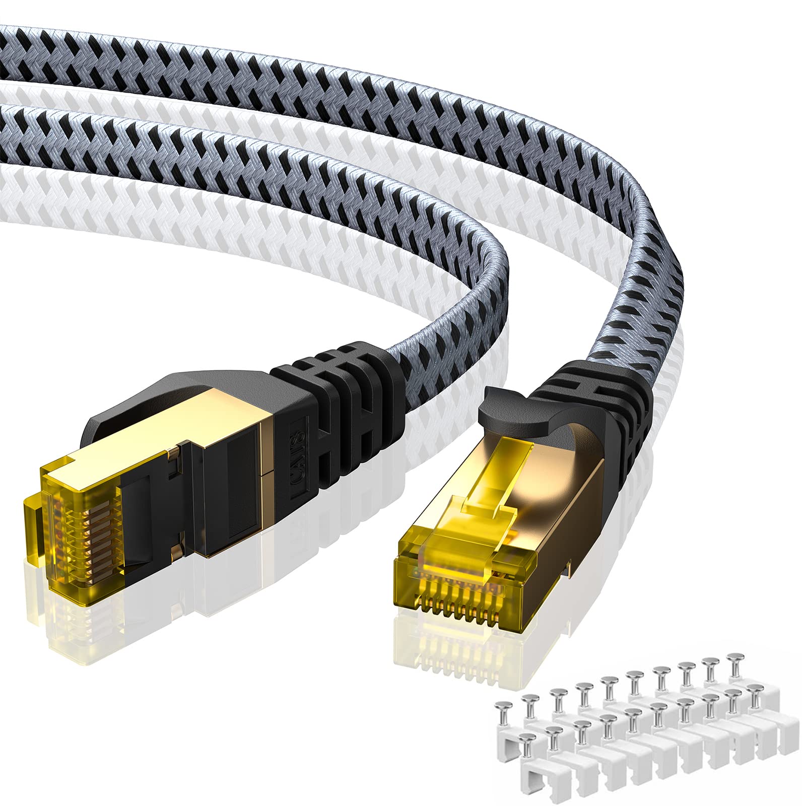 ARISKEEN Cat 8 Ethernet Cable 1 FT 2 Pack, Nylon Braided High Speed Cat8 Network LAN Patch Cord, 40Gbps 2000Mhz Shielded RJ45 Flat Internet Cable (Black)
