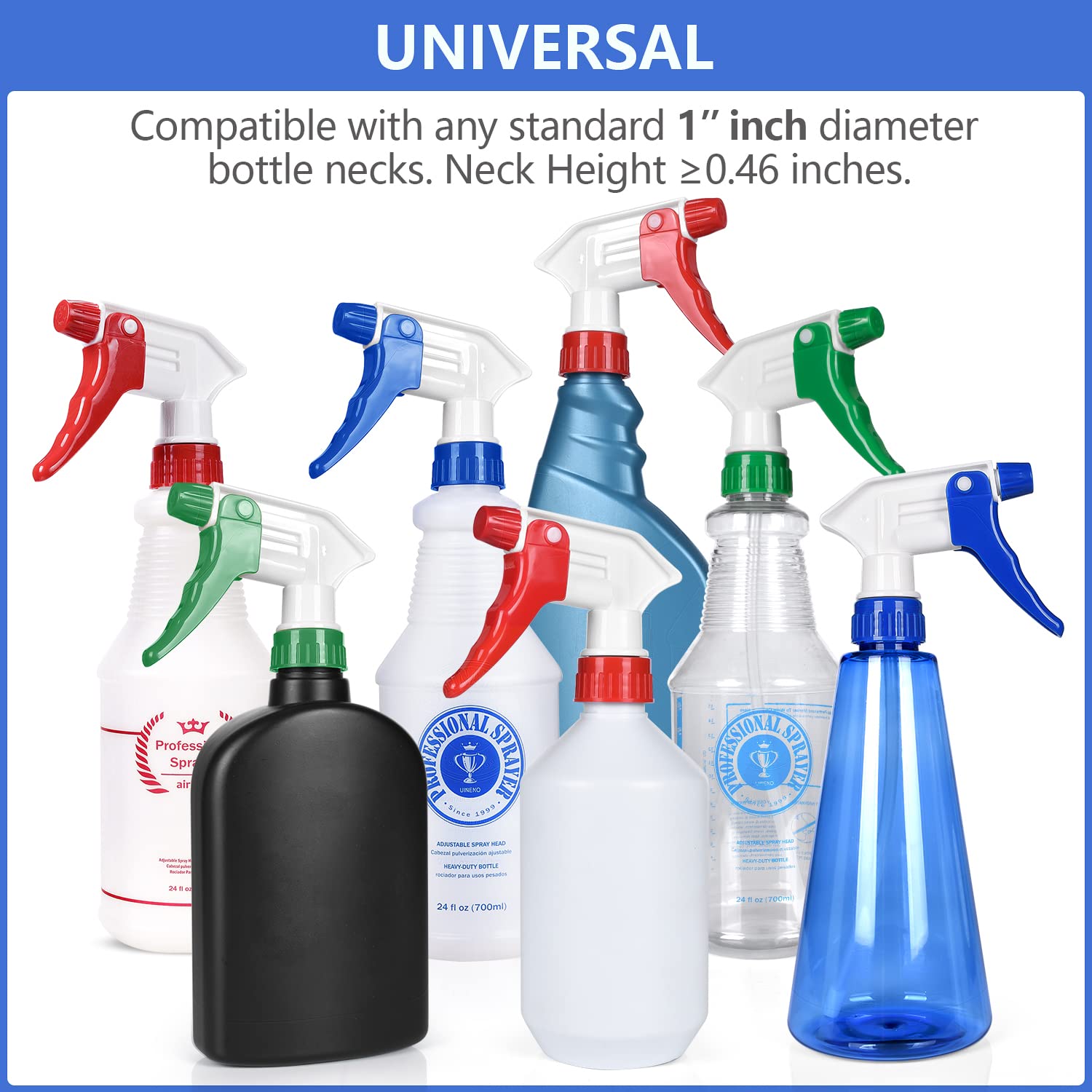 Uineko 6 Pack Universal Spray Bottle Replacement Nozzle, Mist & Stream Trigger Sprayer for 16oz 24oz 32oz Bottles, Heavy Duty Mister Head Part w/ 10.2 Inch Tube for Cleaning Solutions, Car Detailing