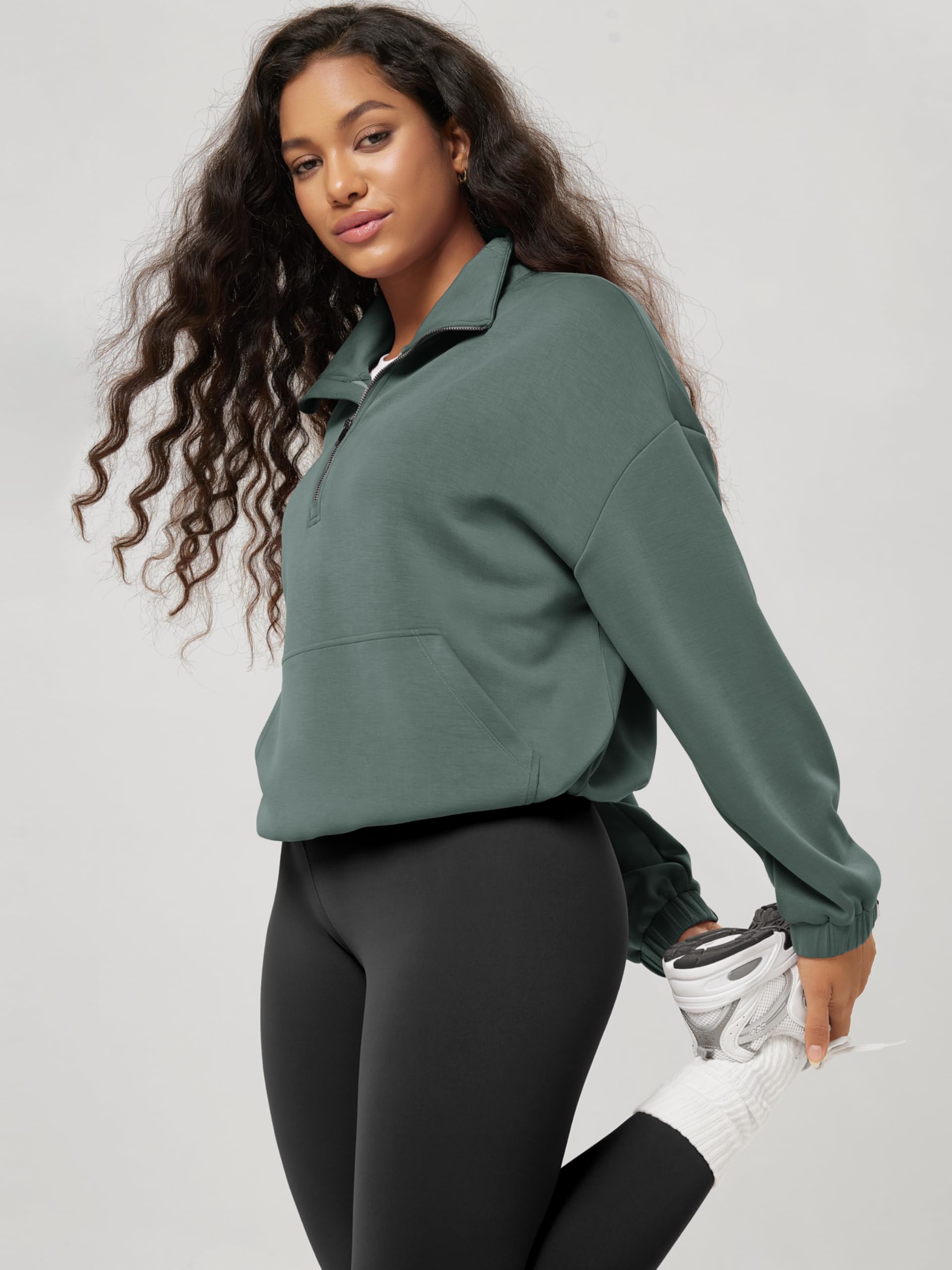 ODODOS Women's Modal Soft Cinchable Sweatshirts Half Zipper Funnel Neck Oversize Pullover with Pockets