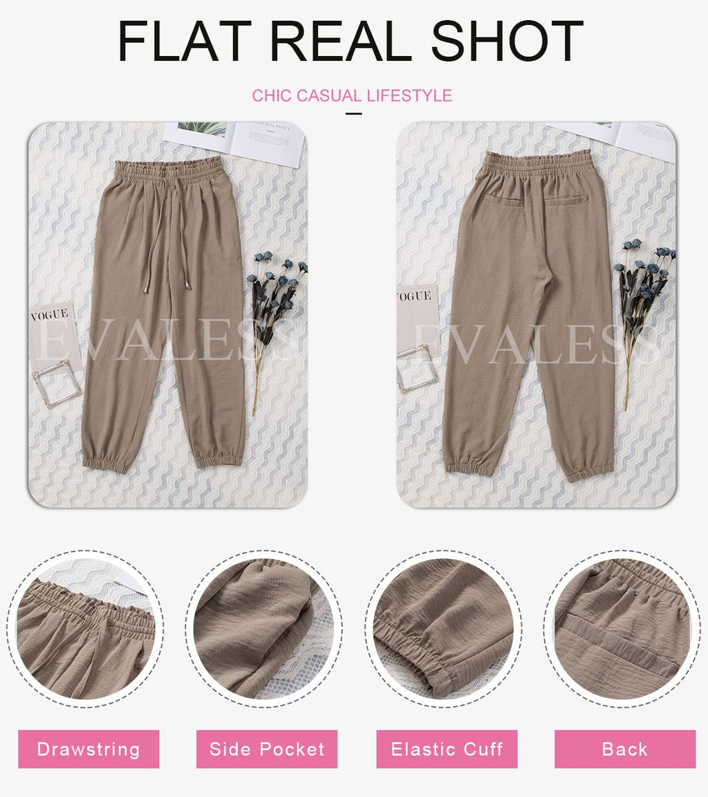 EVALESS Womens 2026 Summer Casual Pants Drawstring Elastic High Waisted Work Trousers Joggers Trendy Harem Pants with Pockets