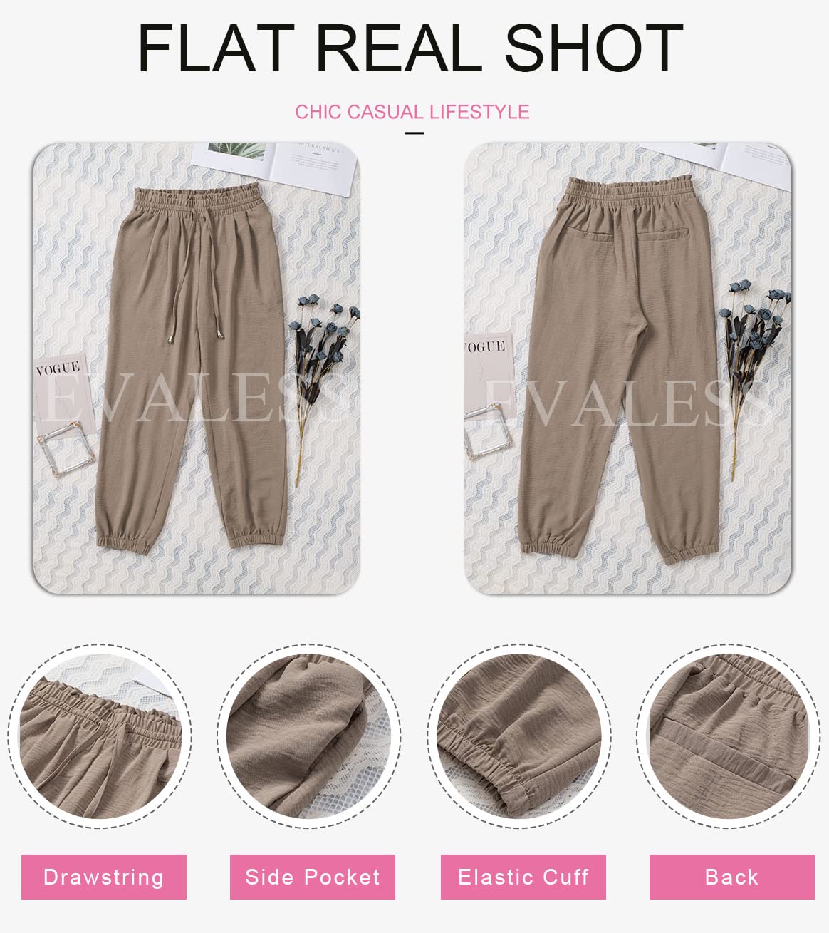 EVALESS Womens 2026 Summer Casual Pants Drawstring Elastic High Waisted Work Trousers Joggers Trendy Harem Pants with Pockets