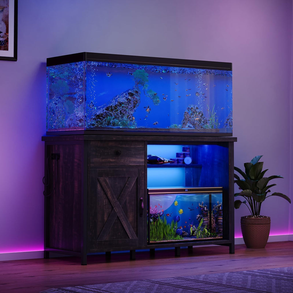 4ever2buy 55-75 Gallon Fish Tank Stand with Power Outlets, LED Light, Heavy Duty Aquarium Stand with Cabinet for Fish Tank Accessories Storage, for Turtle Tank, Reptile Terrarium, 1100LBS, Black
