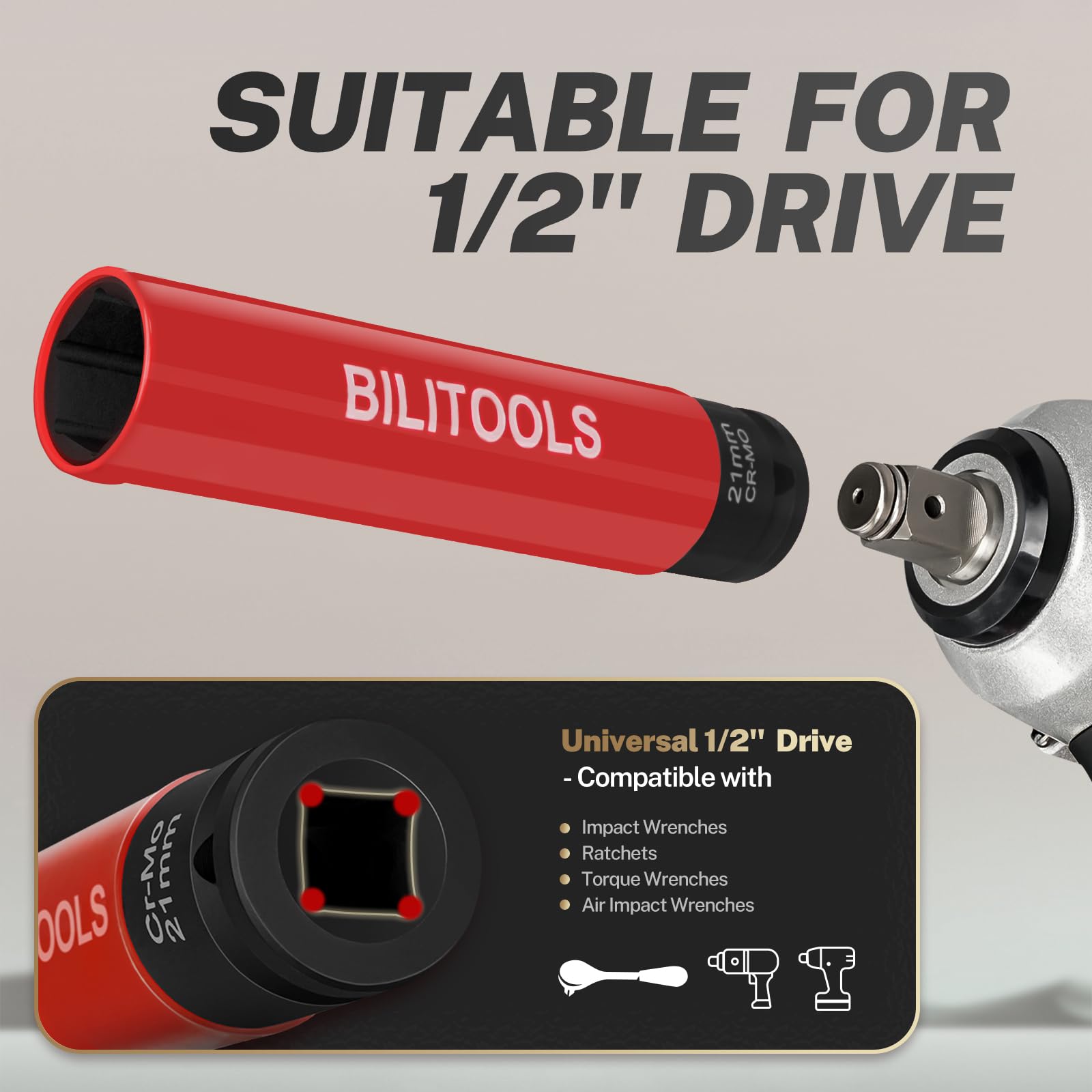 BILITOOLS 1/2 inch Drive Impact Lug Nut Socket Set, 15 17 19 21 22 MM Non-Marring Thin Wall Wheel Protector Nut Socket