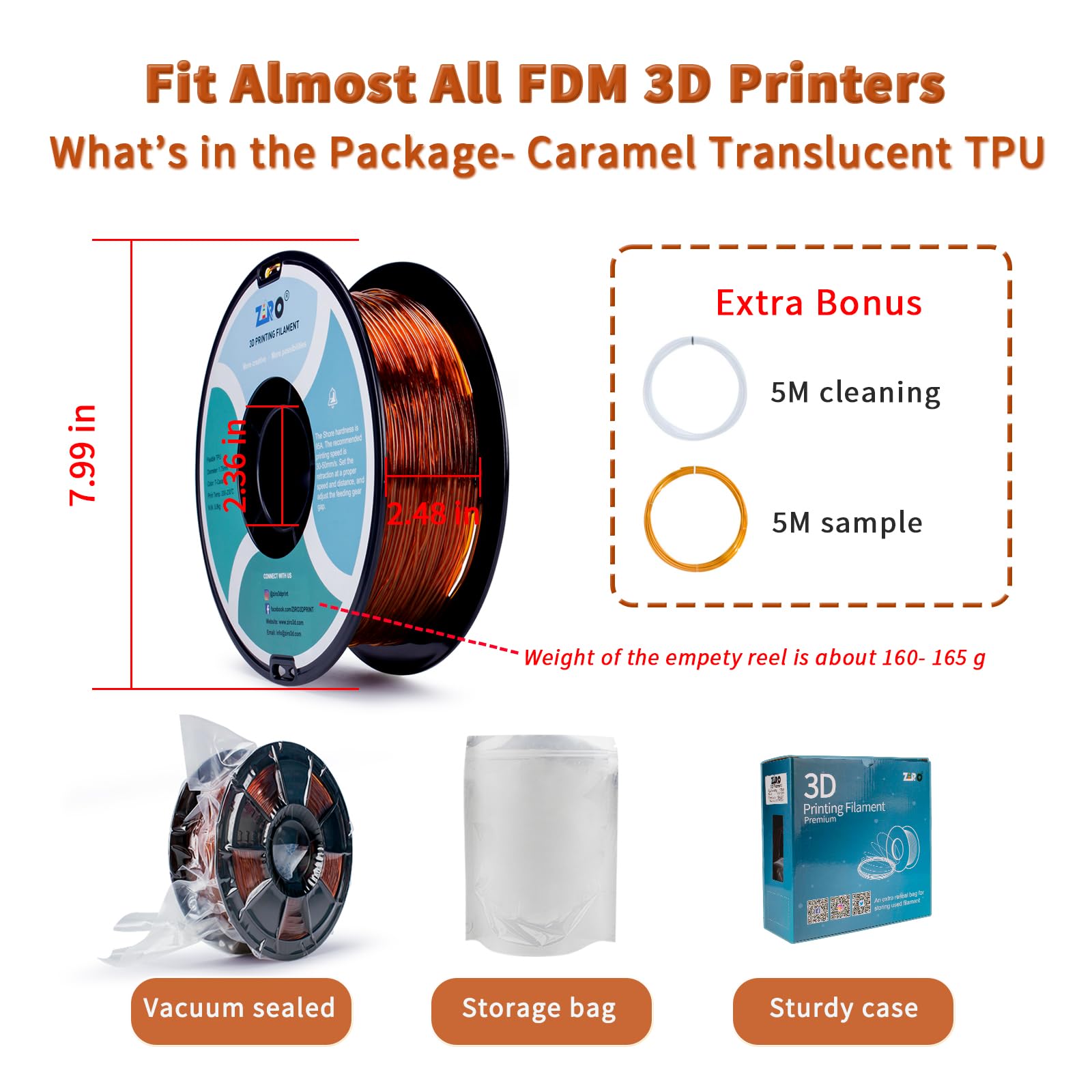 ZIRO TPU Filament 1.75mm 3D Printer Filament, Shore 95A Hardness TPU, Flexible Soft Material, 0.8KG/1.8lbs Spool, Fit Most FDM 3D Printers, Black