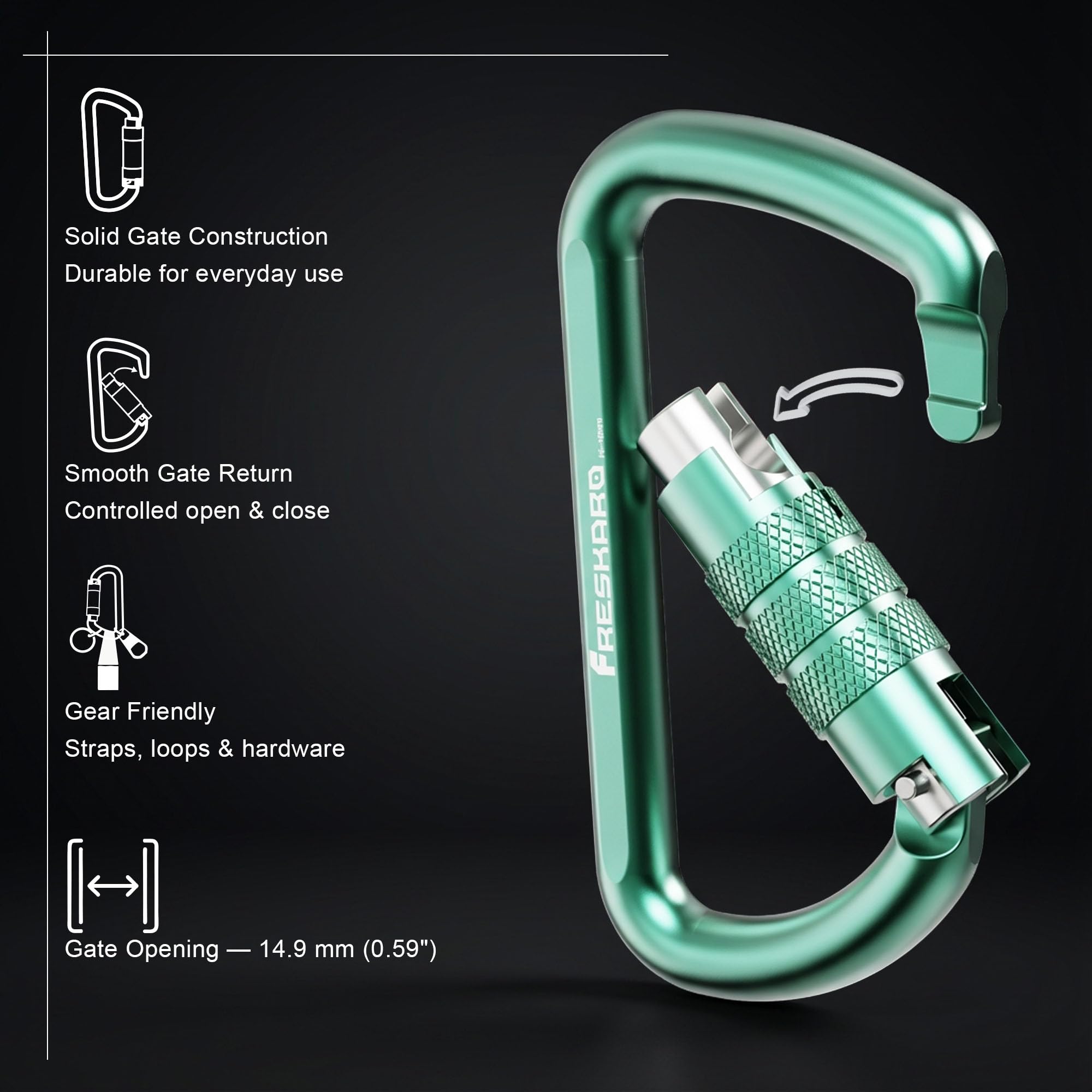 FresKaro 3inch 12kN-2698lbs Auto Locking Carabiner Clips, Solid D Shape, Heavy Duty 7075 Aluminum, Lightweight 1.09oz, Rust Proof, for Hammock, Hiking, Dog Leash, Keychain etc., Multi-Colors
