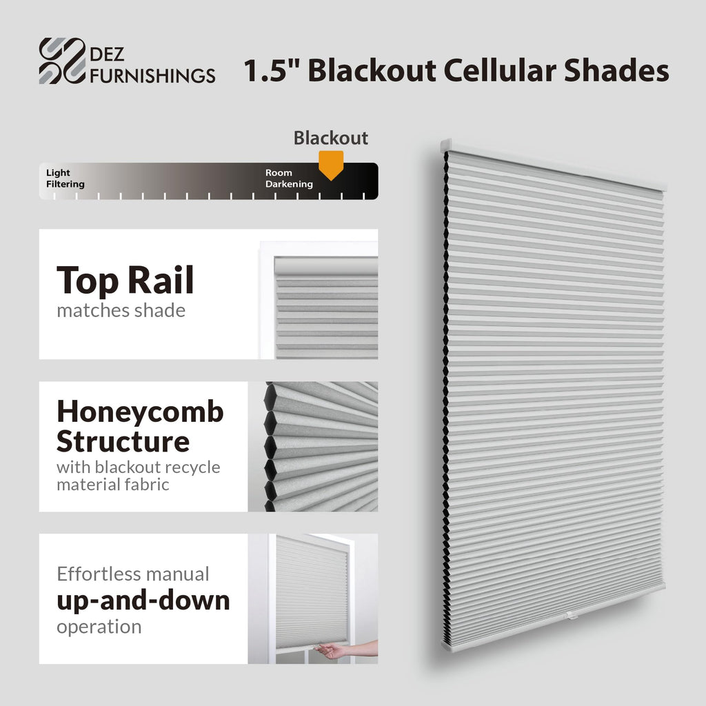 DEZ FURNISHINGS Cordless 1.5" Blackout Cellular Shade, Energy Saver, 18" W x 48" H, Anchor Gray