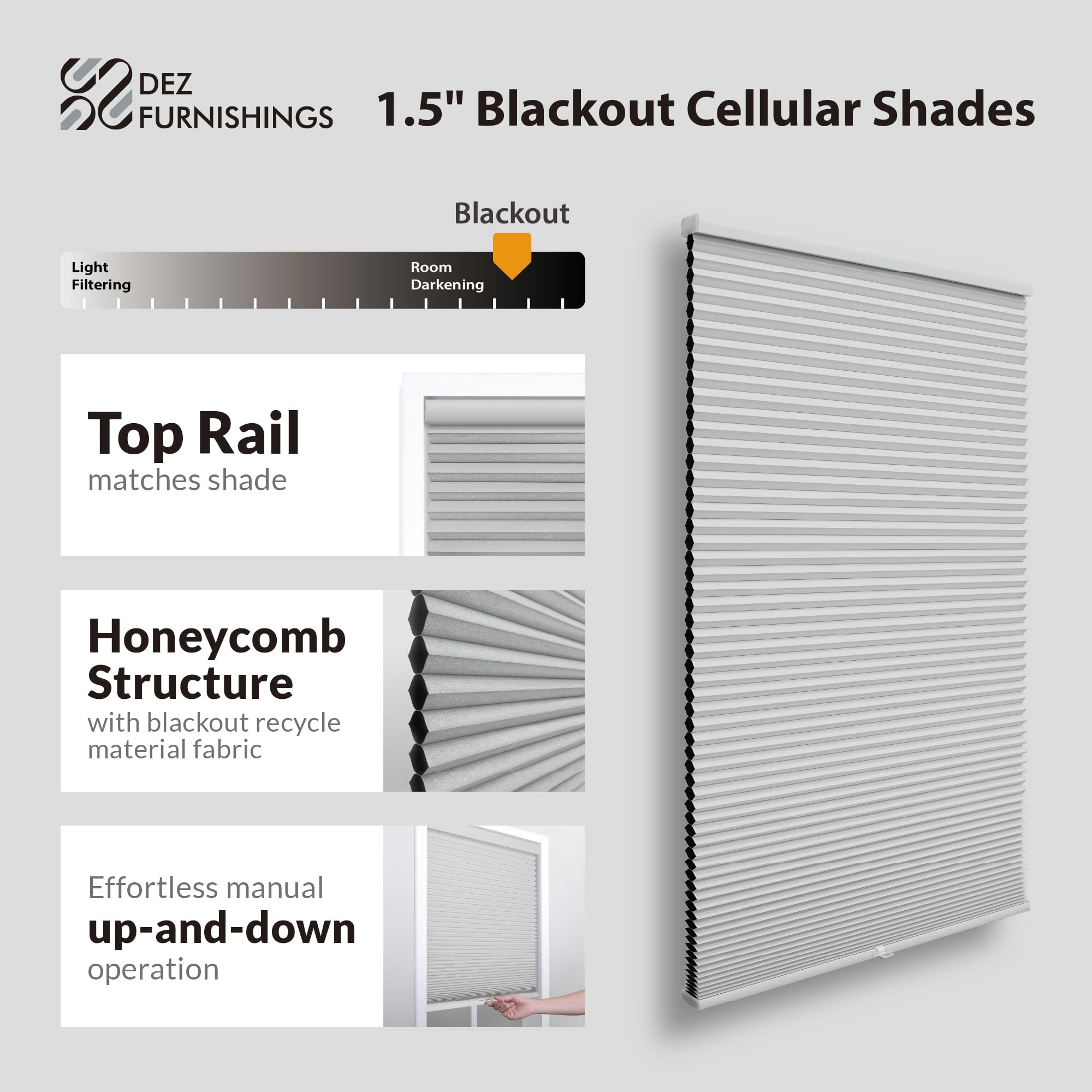 DEZ FURNISHINGS Cordless 1.5" Blackout Cellular Shade, Energy Saver, 18" W x 48" H, Anchor Gray