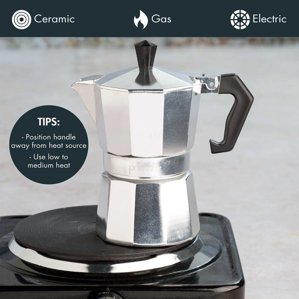 Primula Classic Moka Pot Stovetop Espresso and Coffee Maker, Italian and Cuban Cafetera for Rich Espresso Brewing, Durable Aluminum Greca Coffee Maker with Easy Grip Handle, 6-Cup, Black