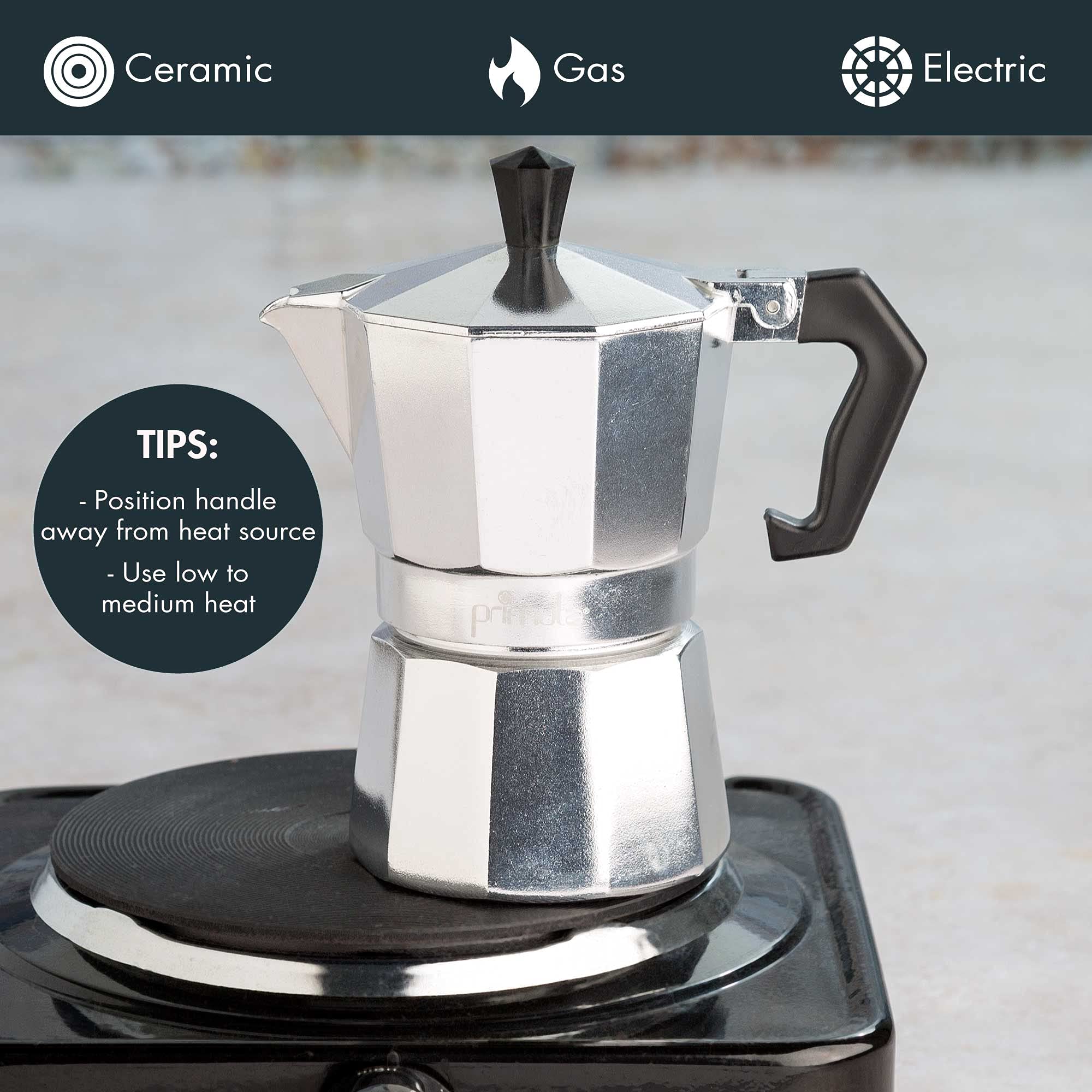 Primula Classic Moka Pot Stovetop Espresso and Coffee Maker, Italian and Cuban Cafetera for Rich Espresso Brewing, Durable Aluminum Greca Coffee Maker with Easy Grip Handle, 6-Cup, Black