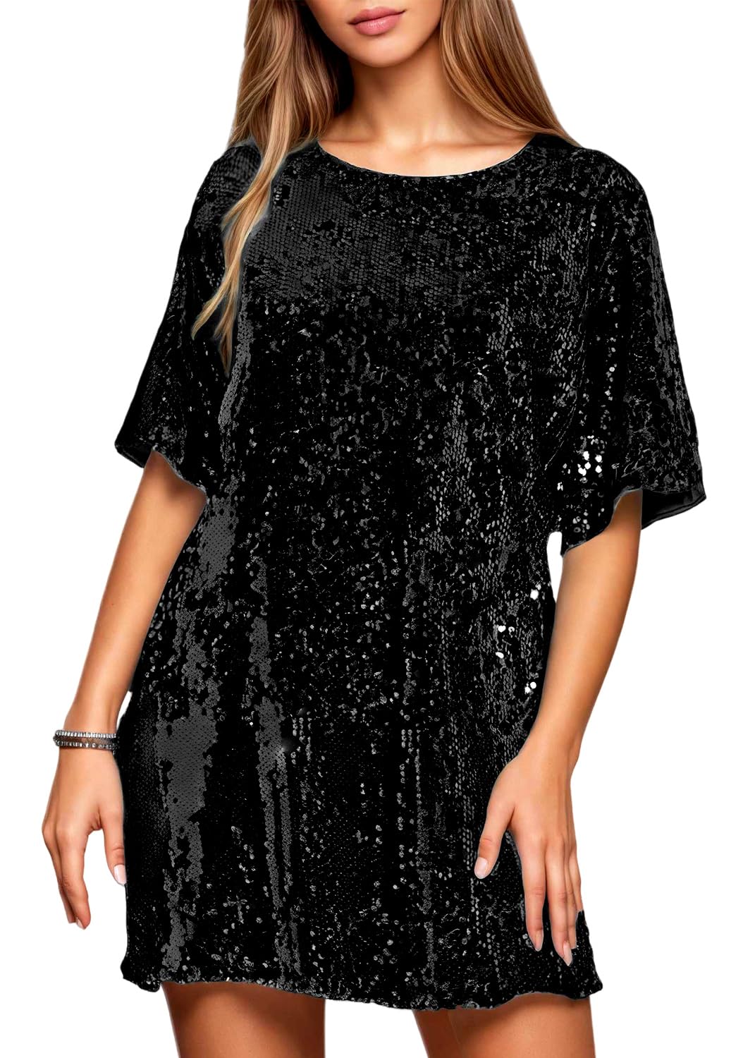 Women's Crew Neck Sequin Dress for Women Sexy V Neck Shirt Dress Sparkly Half Sleeve Loose Party Club Cocktail Dress