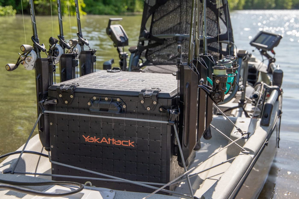 YakAttack BlackPak Pro 13" x 13" Fishing Crate with 3 Rod Holders - Battleship Grey | Compact Tackle Storage Box & Gear Organizer for Kayaks | Lightweight, Durable & Customizable Marine Accessory