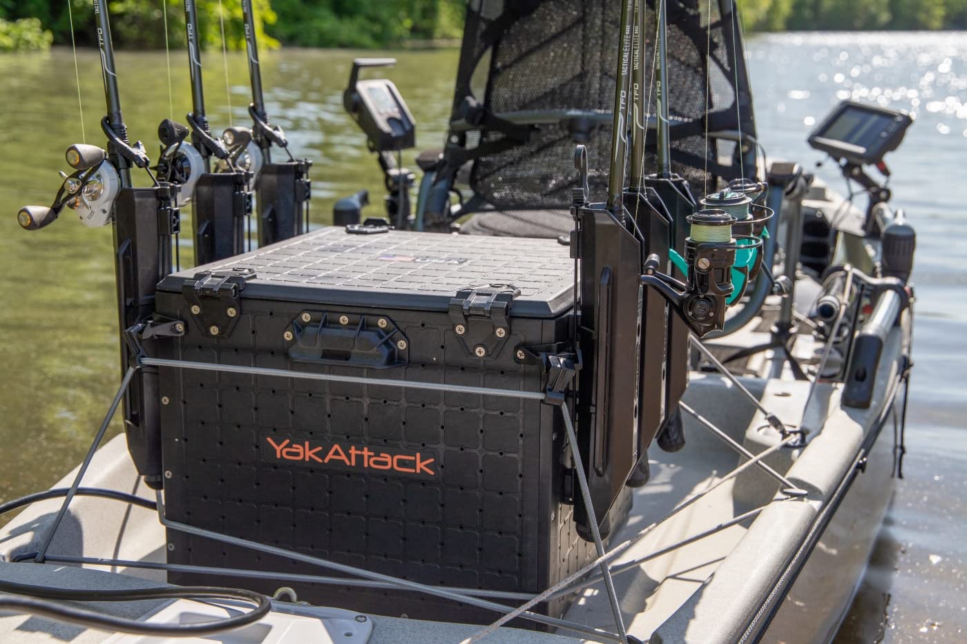 YakAttack BlackPak Pro 13" x 13" Fishing Crate with 3 Rod Holders - Battleship Grey | Compact Tackle Storage Box & Gear Organizer for Kayaks | Lightweight, Durable & Customizable Marine Accessory
