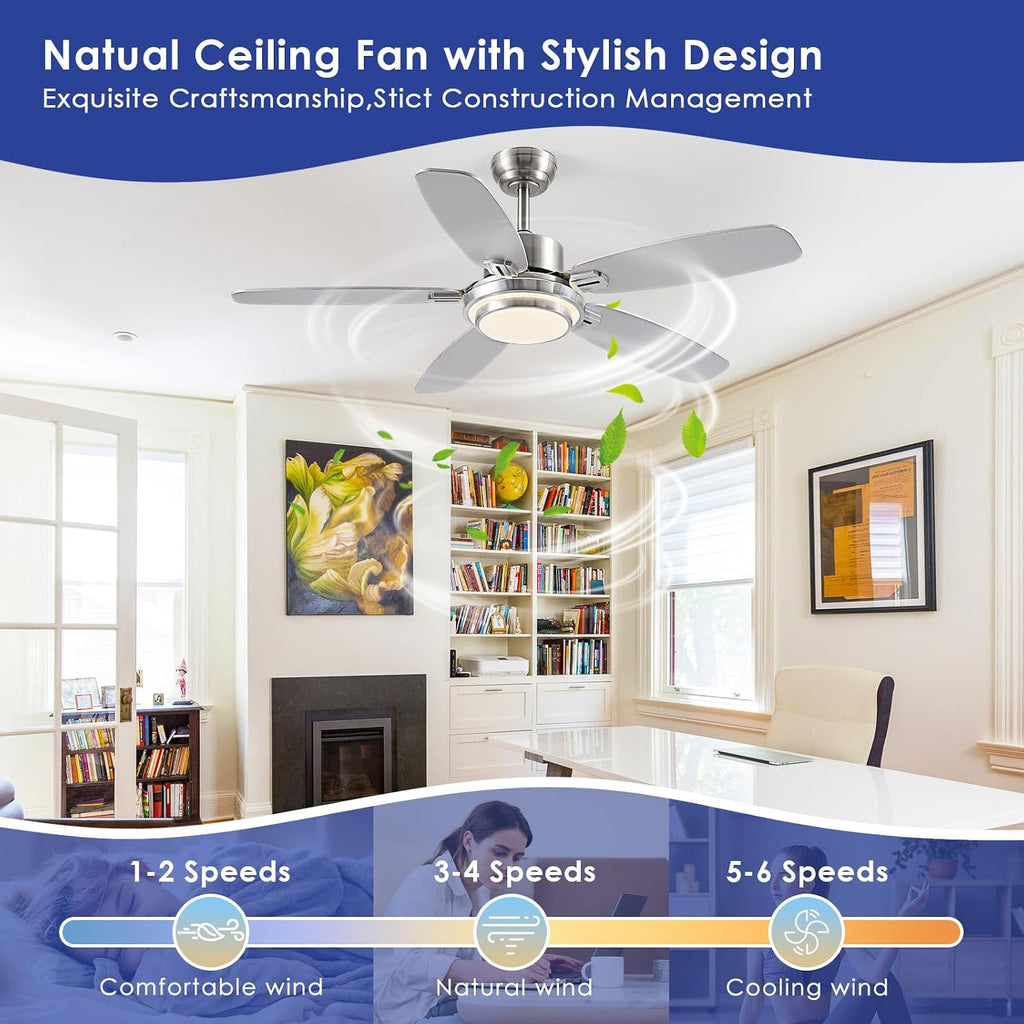 Hounberi Ceiling Fans with Lights,50“ Modern Nickel Ceiling Fan and Remote/APP Control,5 Dual Finish Blades Dimmable 3-Color LED Fandelier for Indoor Dinning room,Bedroom