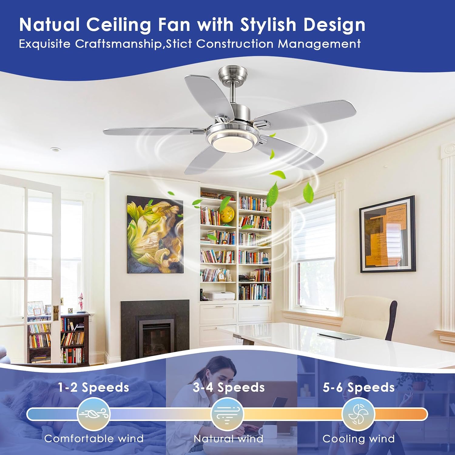 Hounberi Ceiling Fans with Lights,50“ Modern Nickel Ceiling Fan and Remote/APP Control,5 Dual Finish Blades Dimmable 3-Color LED Fandelier for Indoor Dinning room,Bedroom