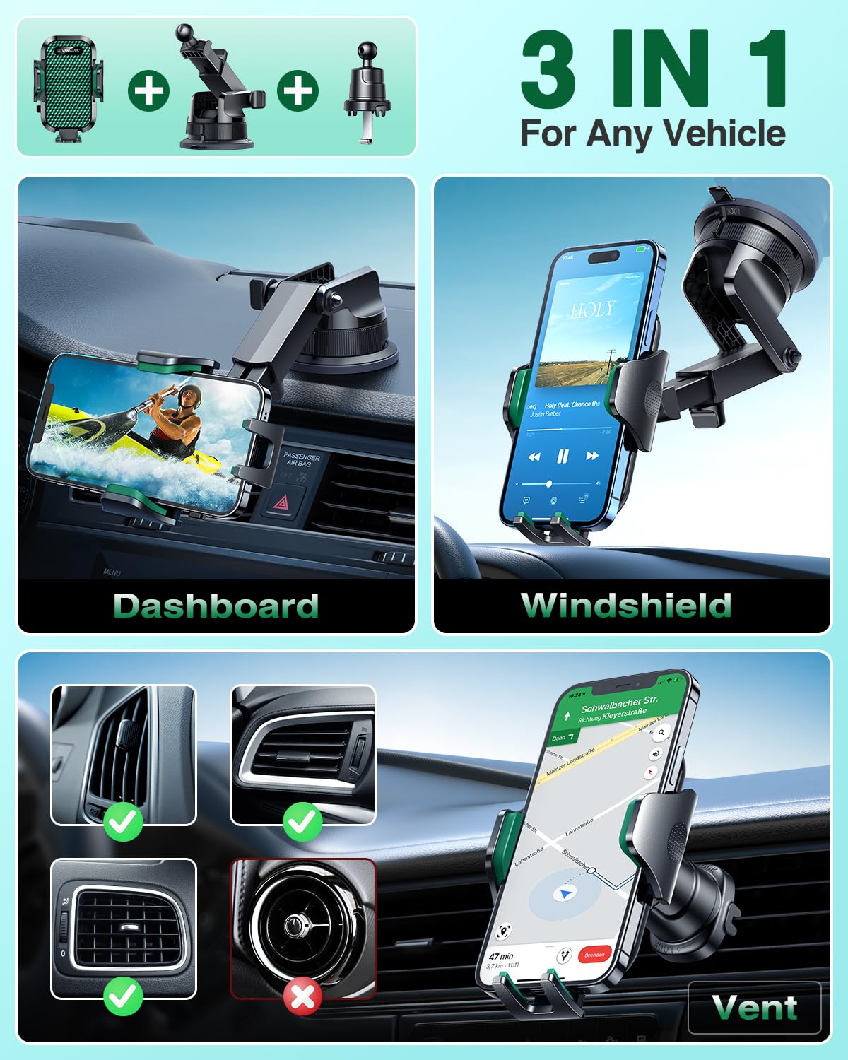 VANMASS [True Military-Grade] Car Phone Holder [Best Suction & Clip] Cell Phone Mount for Dashboard Windshield Vent Truck Cradle Dash Stand for iPhone 15 Pro Max 14 13 12 Android, Blue