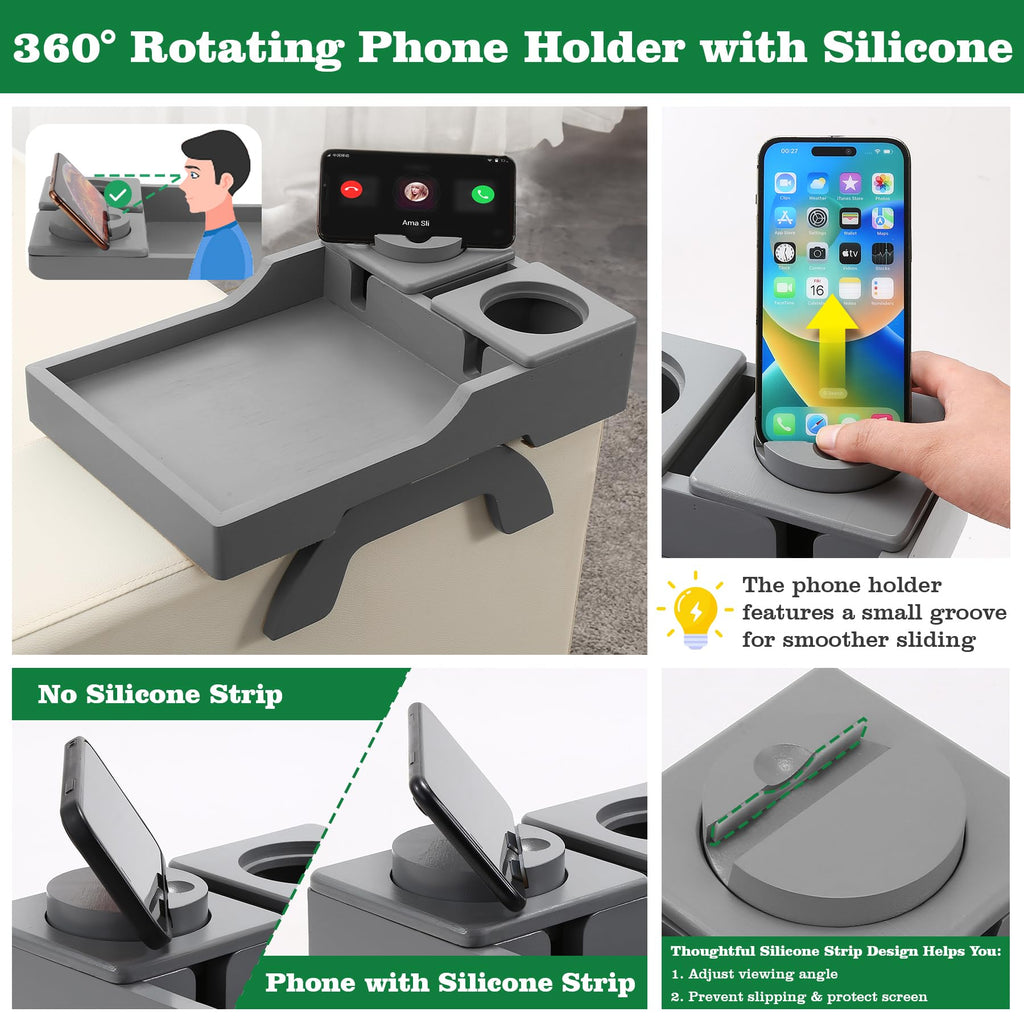GHKINMAL Couch Cup Holder Tray, 15.4"x9.9" Large 4 in 1 Couch Arm Tray with 360°Rotated Phone Holder, Non-Slip Clip on Side Table for Drinks/Remote/Snacks, Ideal Gift for Husband, Wife, Parents
