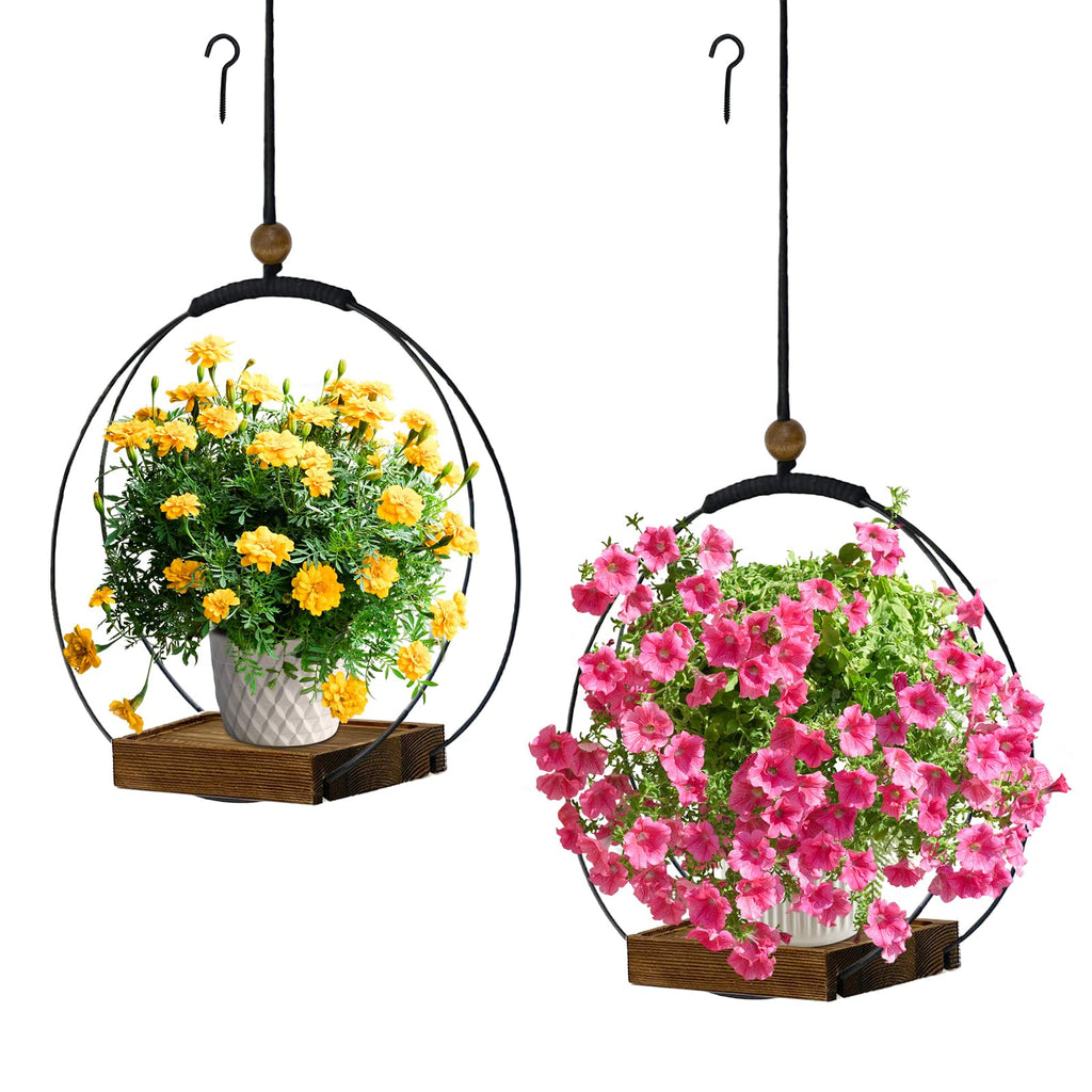 Hanging Planter for Indoor Plants, Black Plant Hanger Indoor with Sturdy Wood Base, Modern Boho Macrame Plant Hanger for 3-5.5 Inch Pot, Hanging Wall Ceiling Window Home Decor (Pots Not Included)