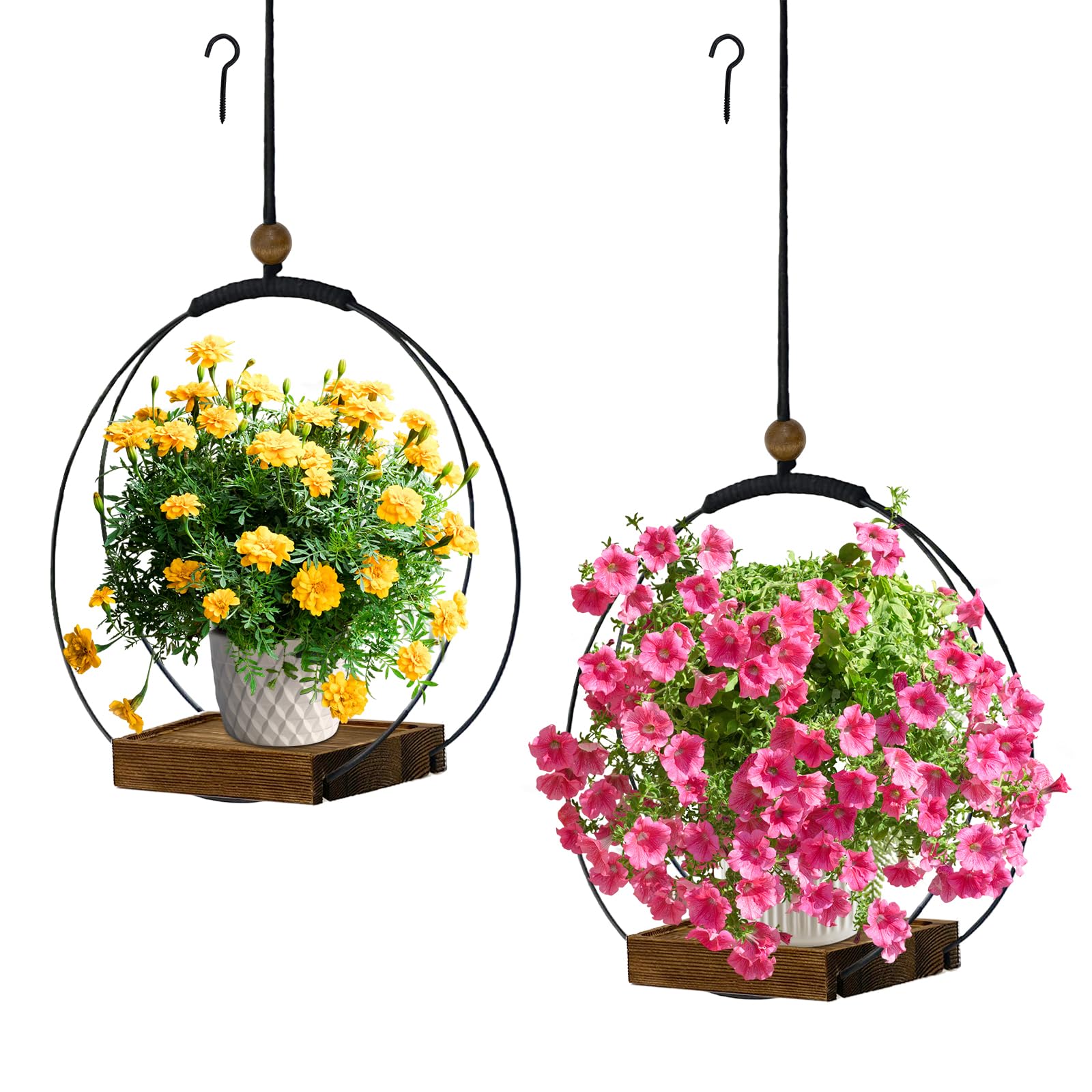Hanging Planter for Indoor Plants, Black Plant Hanger Indoor with Sturdy Wood Base, Modern Boho Macrame Plant Hanger for 3-5.5 Inch Pot, Hanging Wall Ceiling Window Home Decor (Pots Not Included)