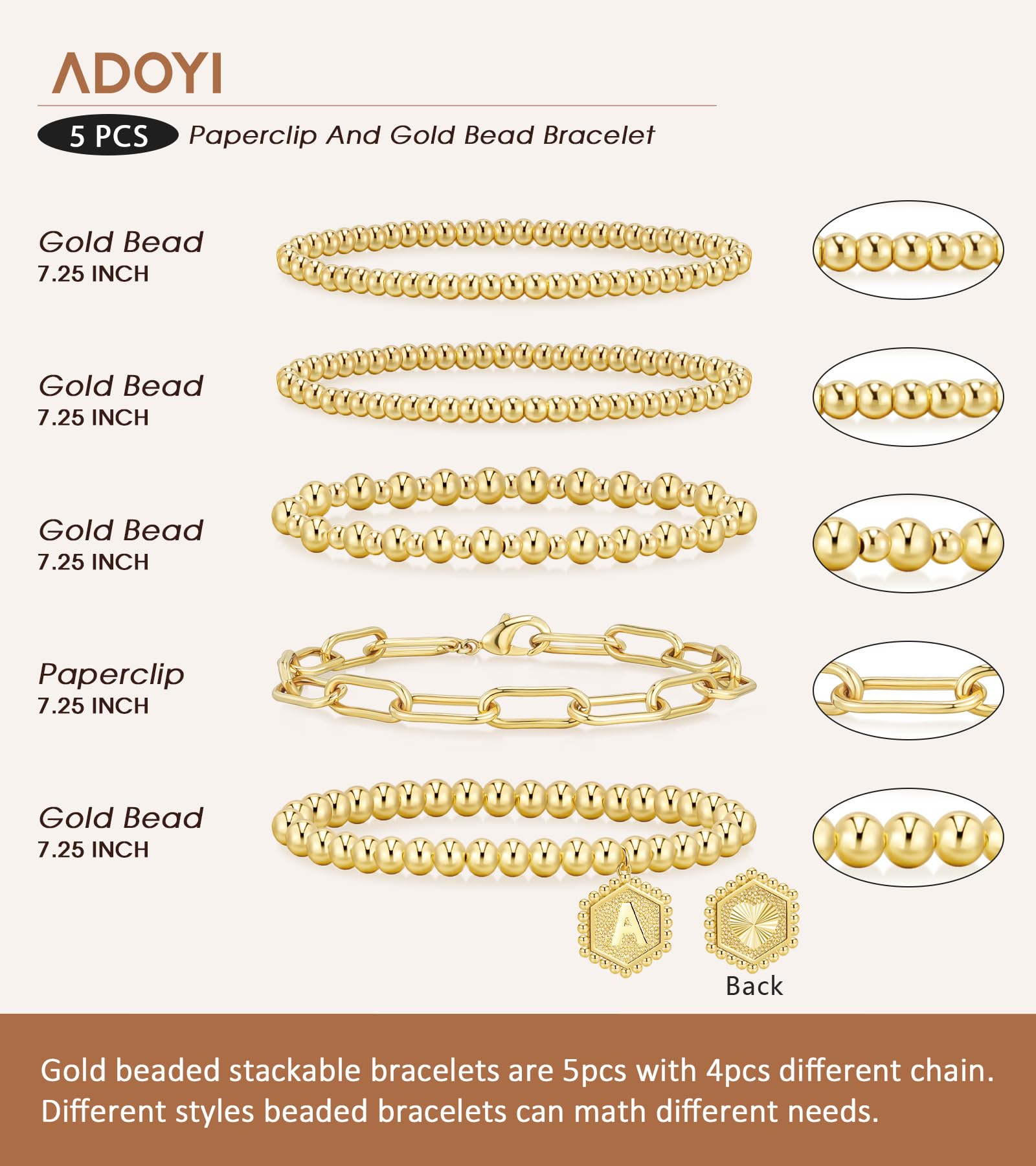 adoyi Gold Bracelets for Women Waterproof, 14K Gold Plated Beaded Strand Bead Ball Bracelets stack Adjustable Jewelry Set for Gifts