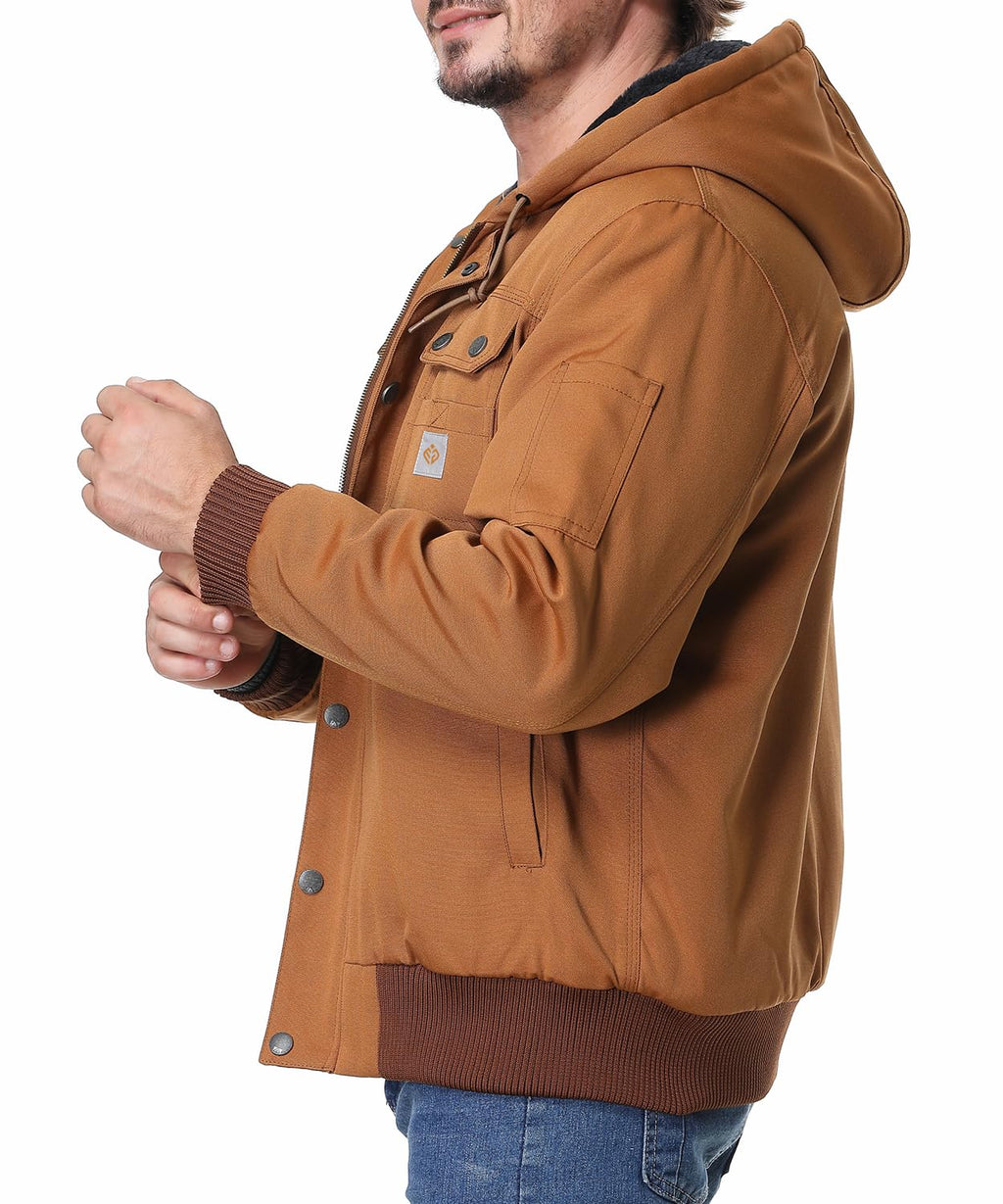 TUAOVA Men's Fit Relaxed Work Coat Fleece Lined Waterproof Workwear Winter Hooded Jacket with Multiple Pockets