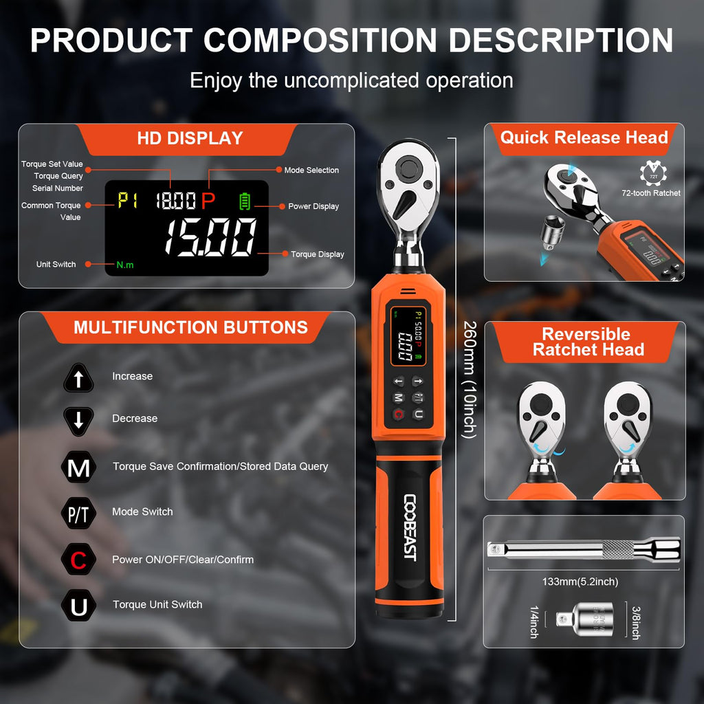 Digital Torque Wrench, 1/2 Drive Electronic Torque Screwdriver with Preset Value(3.76-250.8 Ft.lbs./5.1-340Nm), Buzzer and LED Flash Five Units of Measure Torque Wrench for Motorcycle, Auto Repair