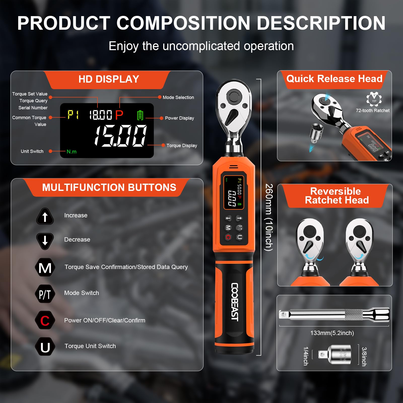 Digital Torque Wrench, 1/2 Drive Electronic Torque Screwdriver with Preset Value(3.76-250.8 Ft.lbs./5.1-340Nm), Buzzer and LED Flash Five Units of Measure Torque Wrench for Motorcycle, Auto Repair