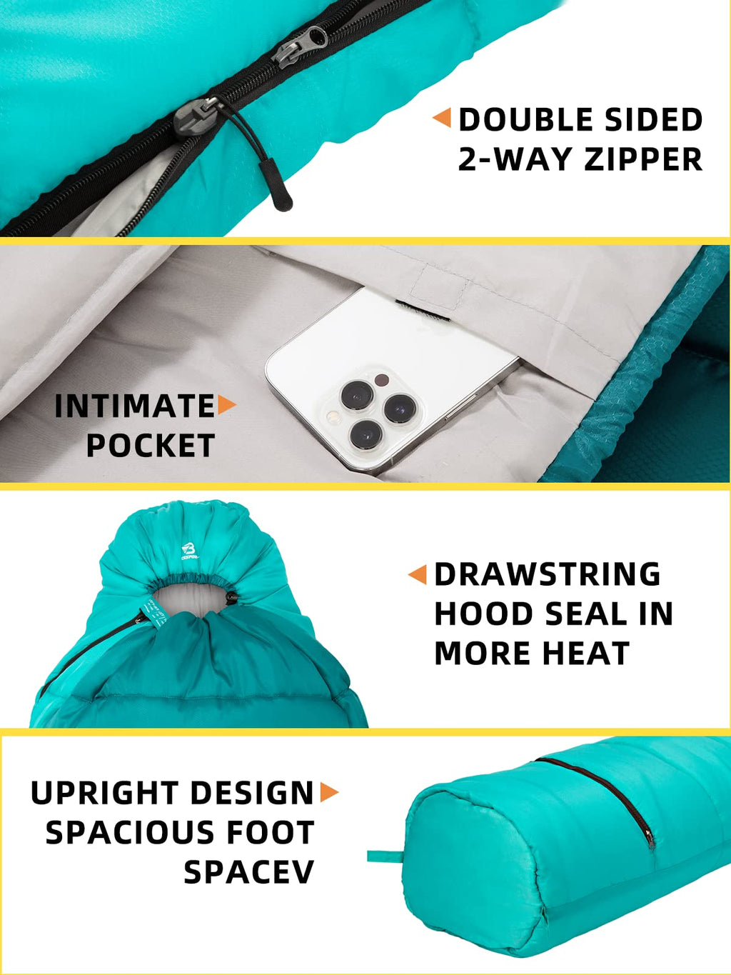 Bessport Mummy Sleeping Bag | 15-45 ℉ Extreme 3-4 Season Sleeping Bag for Adults Cold Weather– Warm and Washable, for Hiking Traveling & Outdoor Activities